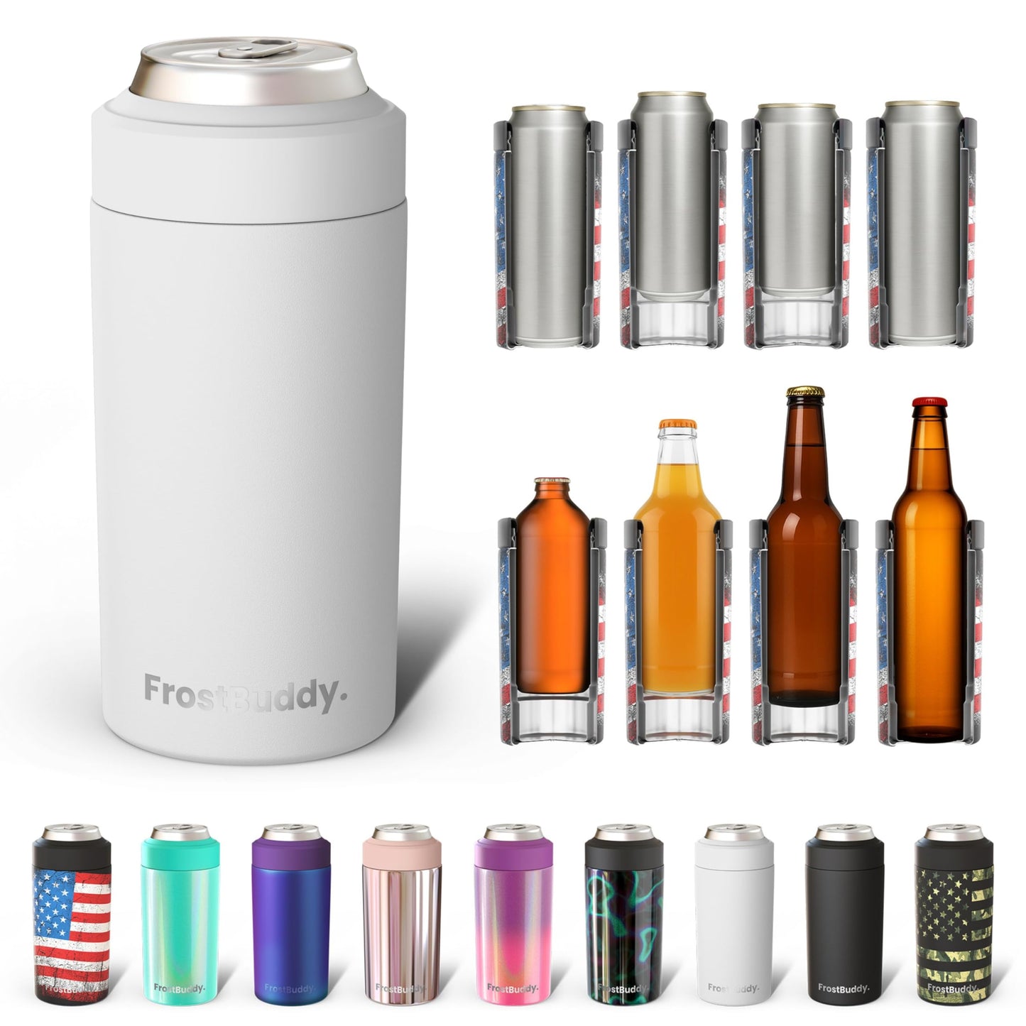Frost Buddy Universal Buddy Can Cooler - Fits All - For Regular 12 & 16 oz or Slim-Size Bottles - Insulated Double -Walled Stainless Steel (All white)