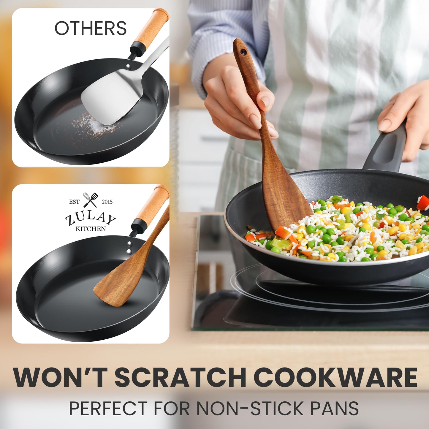 Zulay Kitchen 9.4" Teak Wooden Cooking Spoon – Durable, Non-Stick Wooden Utensil for Cooking, Stirring, Mixing & Serving – Heat-Resistant, Smooth Finish Kitchen Spoon for Nonstick Cookware