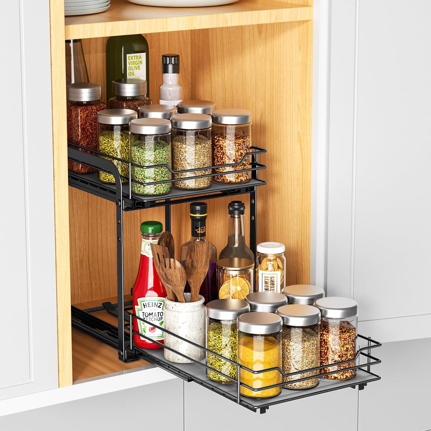 RCHYFEED Pull Out Spice Rack Organizer for Cabinet,Slide out Spice Organizer for Inside Cabinets,Heavy Duty Spice Organization for Kitchen and Pantry,Seasoning,Sauces(1-Tier,8.5" Wx10.5 Dx2.5 H)