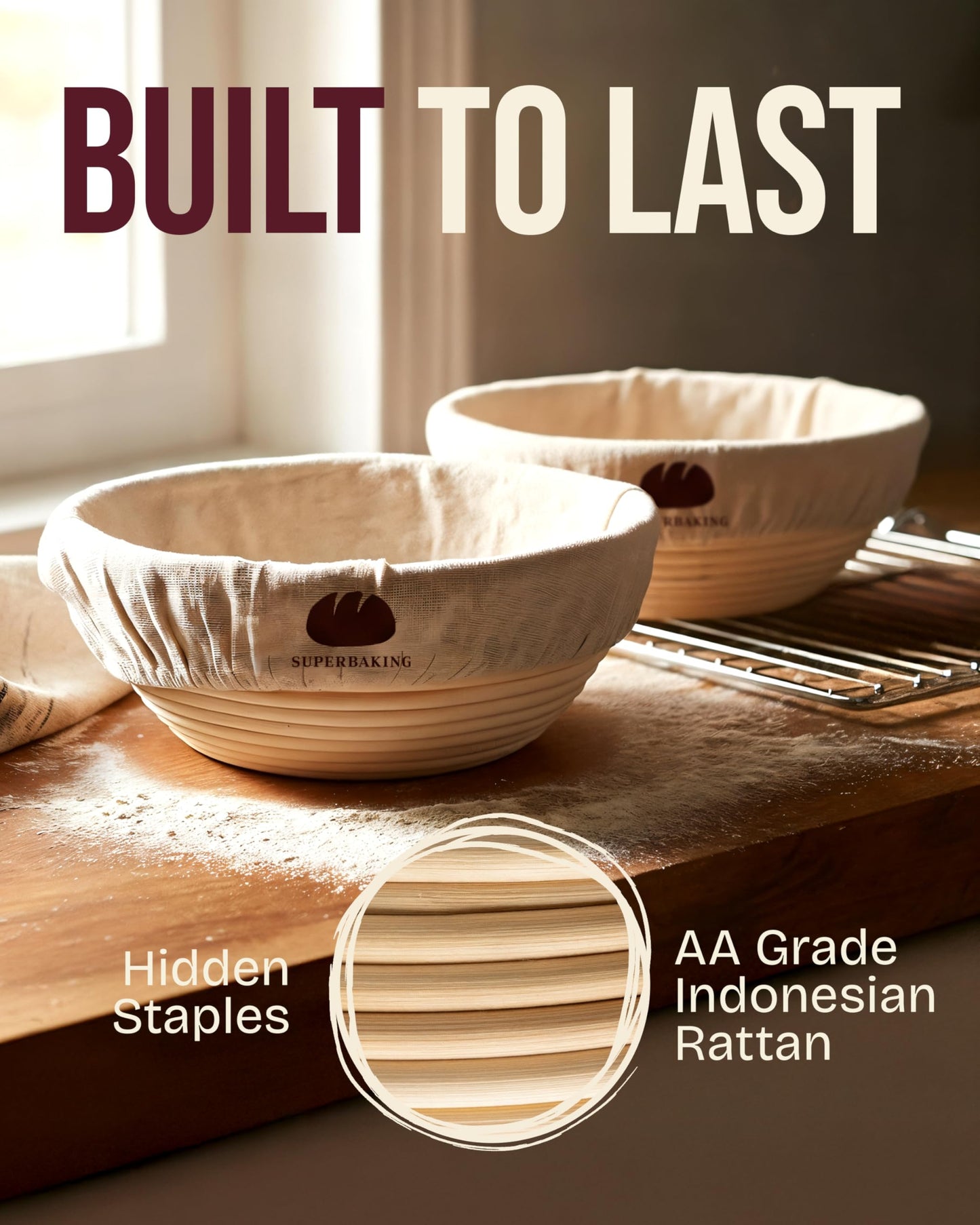 Superbaking 2 pcs Banneton Bread Proofing Basket, 9" Splinter-Free Round Rattan Bread Basket with Liners, Sourdough Starter Kit, Sourdough Bread Baking Supplies & Sourdough Kit, Bread Making Tools