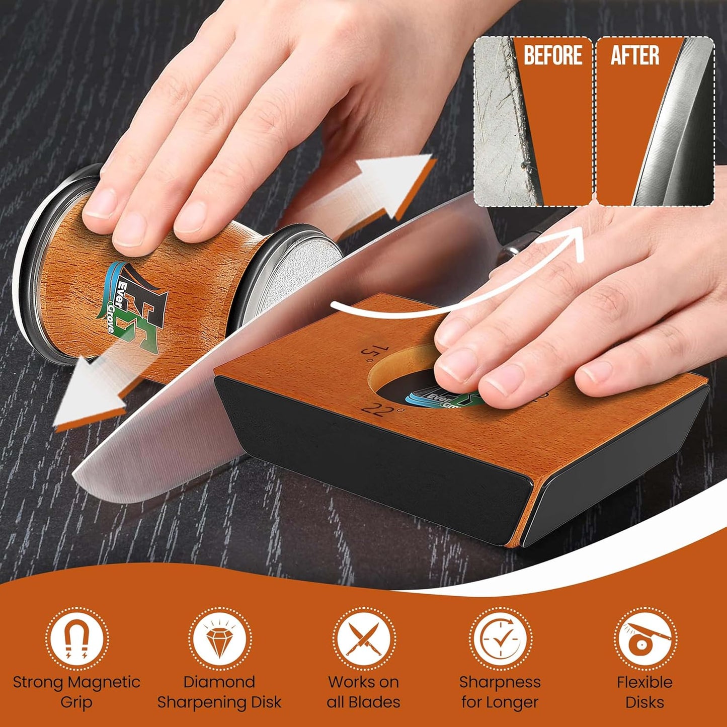 Knife Sharpener Tool, Rolling Knife Sharpener Kit, Knife Sharpening with Diamonds and Ceramic for Steel of Any Hardness, Kitchen knife Sharpener with 15°, 18°, 20° & 22° Magnetic Angles