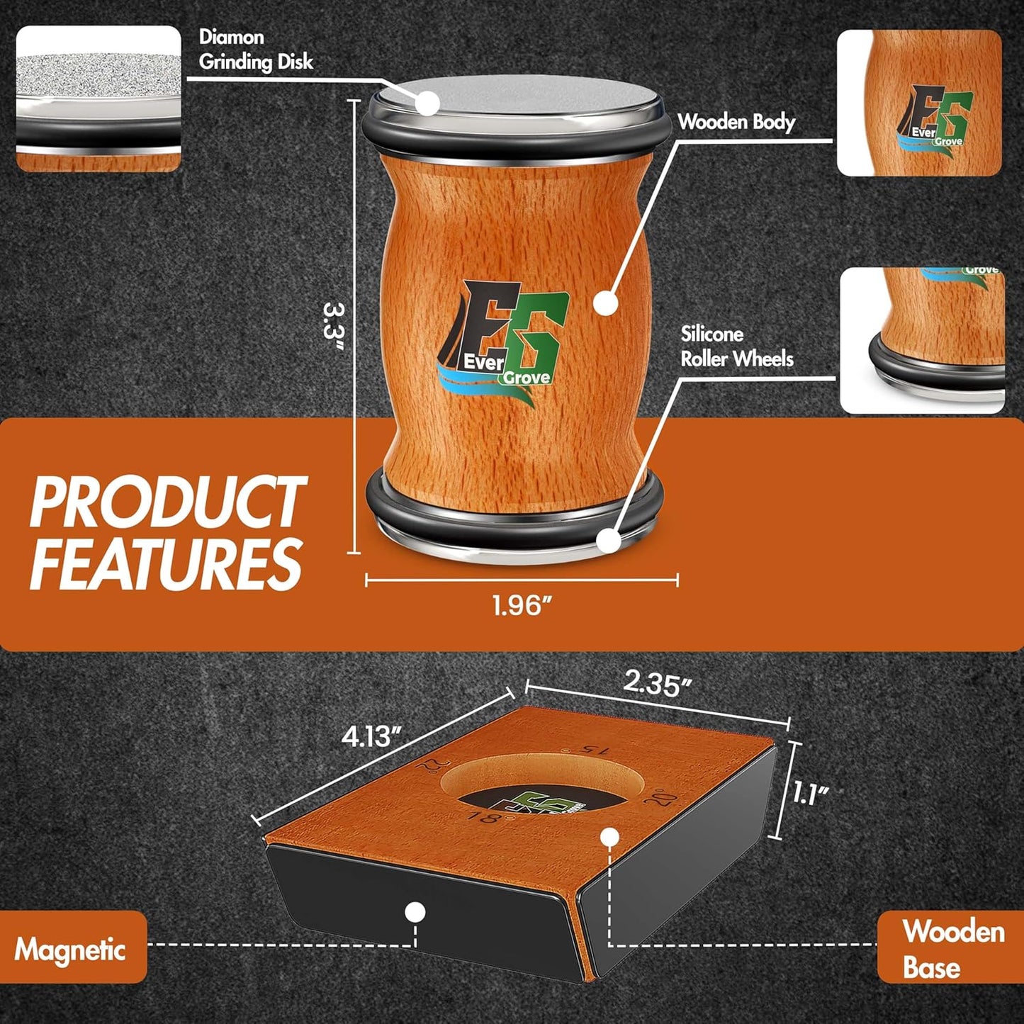 Knife Sharpener Tool, Rolling Knife Sharpener Kit, Knife Sharpening with Diamonds and Ceramic for Steel of Any Hardness, Kitchen knife Sharpener with 15°, 18°, 20° & 22° Magnetic Angles