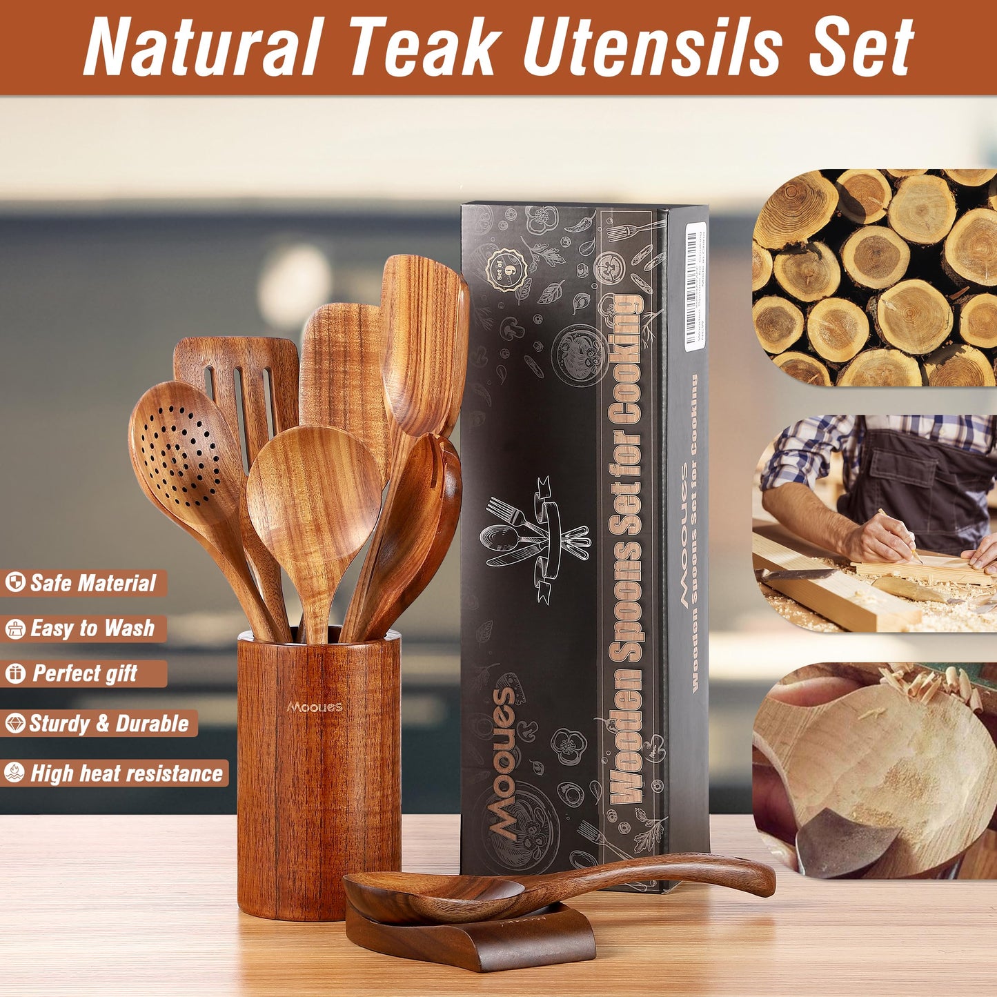 9 Piece Natural Teak Wooden Kitchen Utensil Set with Spoon Rest - Comfort Grip Cooking Spoons and Utensils Holder