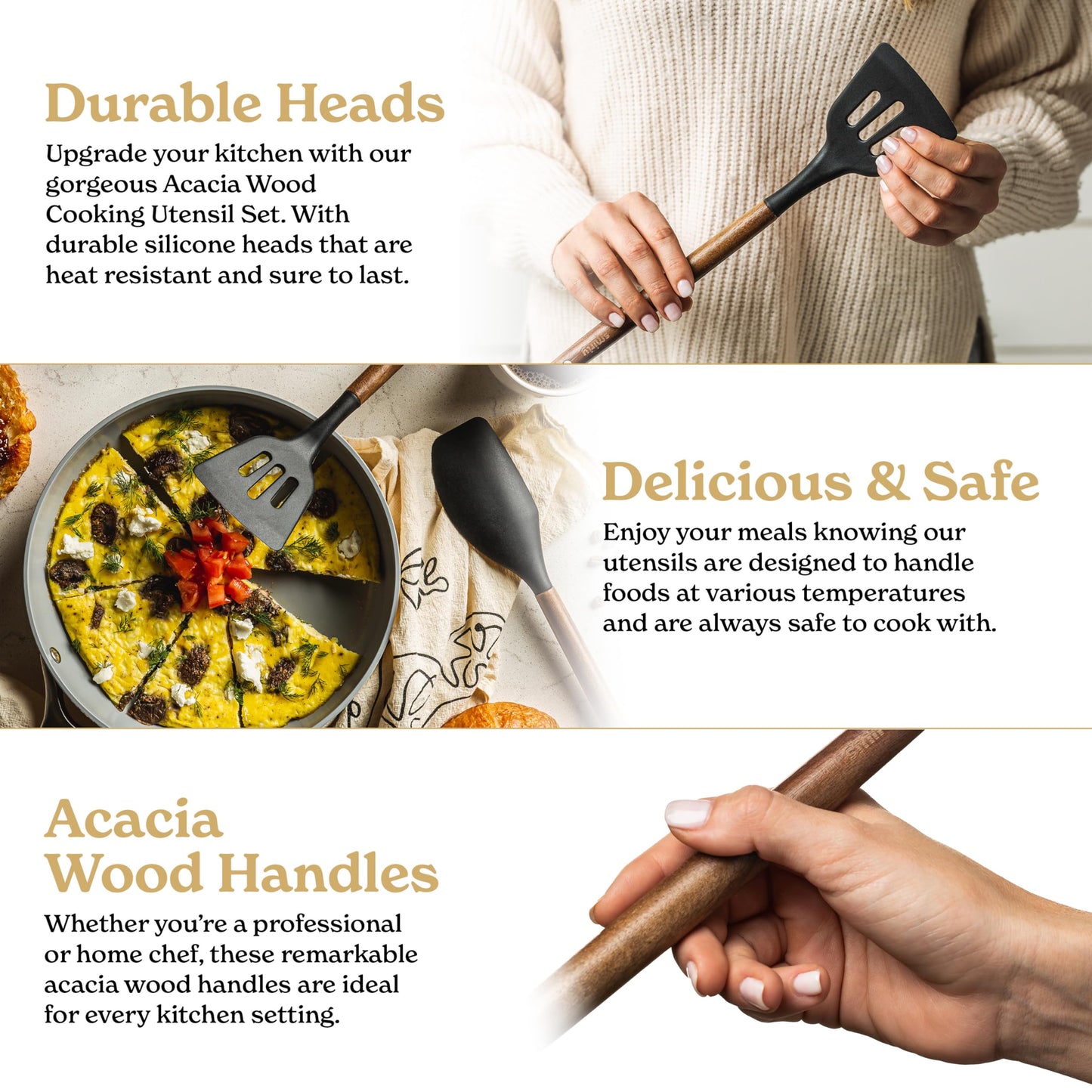 Silicone Kitchen Utensils Set & Holder: Cooking Utensils Set - Kitchen Essentials for New Home & 1st Apartment- Silicone Spatula Set, Cooking Spoons for Nonstick Cookware (Acacia Wood, Cream White)