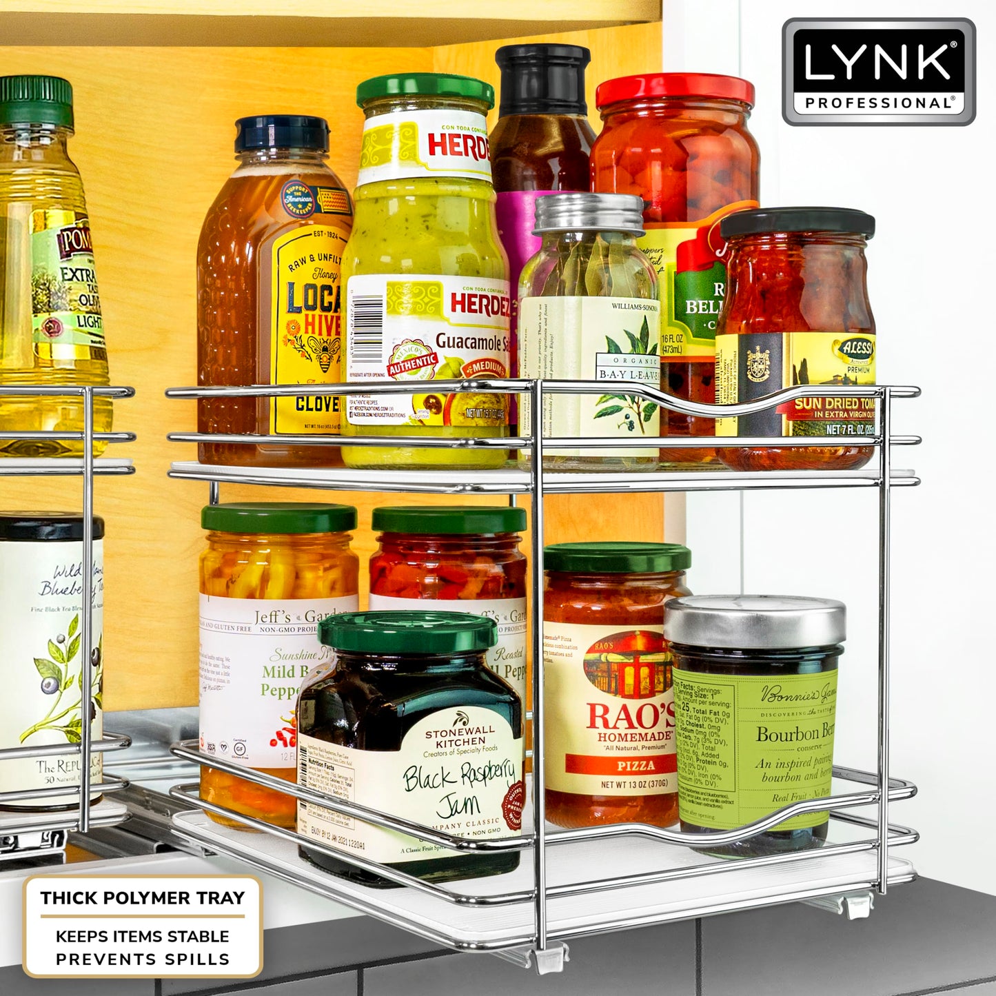 LYNK PROFESSIONAL® Pull Out Spice Rack Organizer for Inside Kitchen Cabinets - 4-3/8 inch Wide - Slide Out Drawer – Black Sliding Spice Cabinet Organization Shelf Racks - 2 Tier
