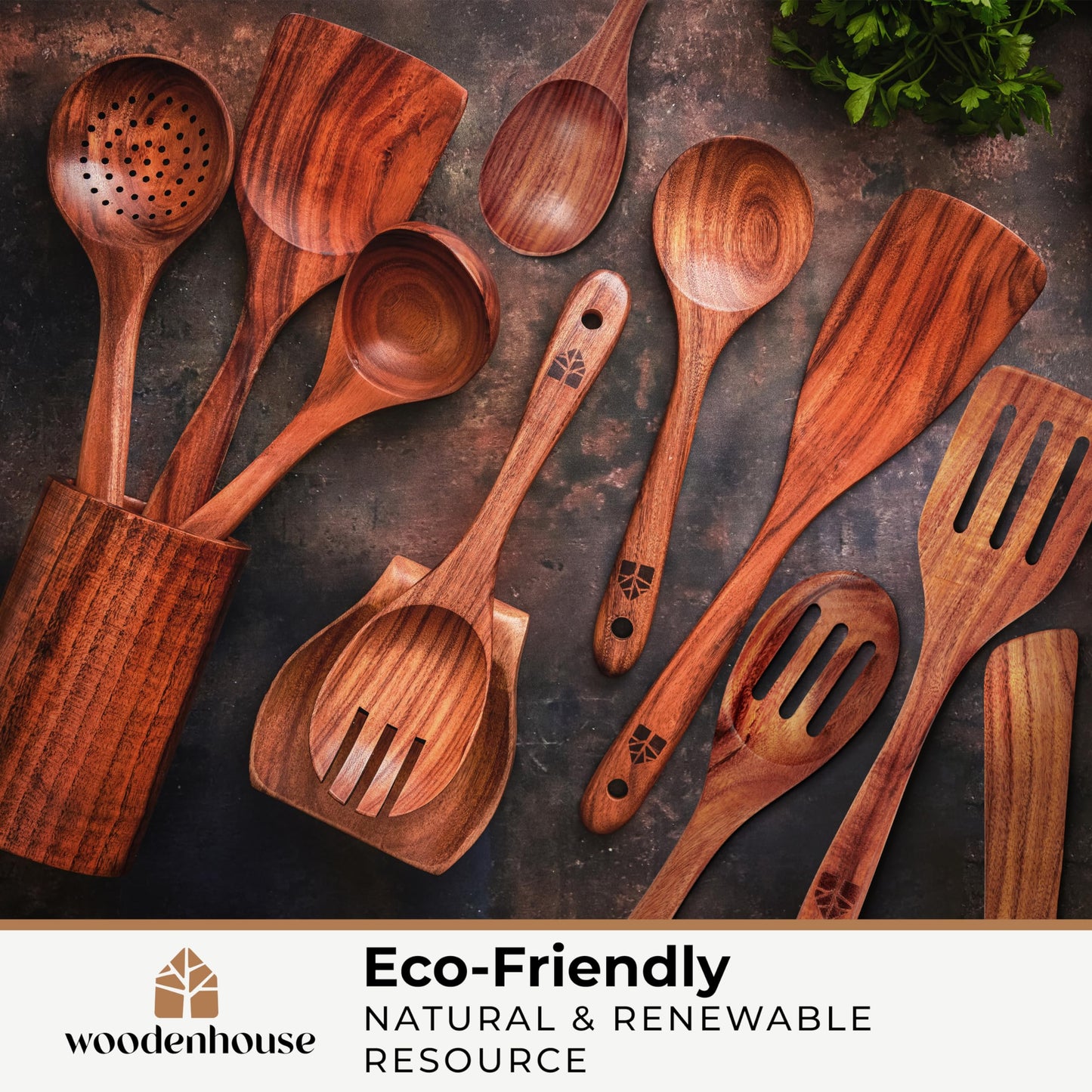 Wooden Utensil Set 8 Pcs – Sturdy & Easy to Clean, Natural Teak Wooden Spoons for Cooking – Non-Scratch Cooking Utensils with Spatula, Turner, Ladle, Spoons, Holder, Spoon Rest, 6 Hooks Kitchen Gifts