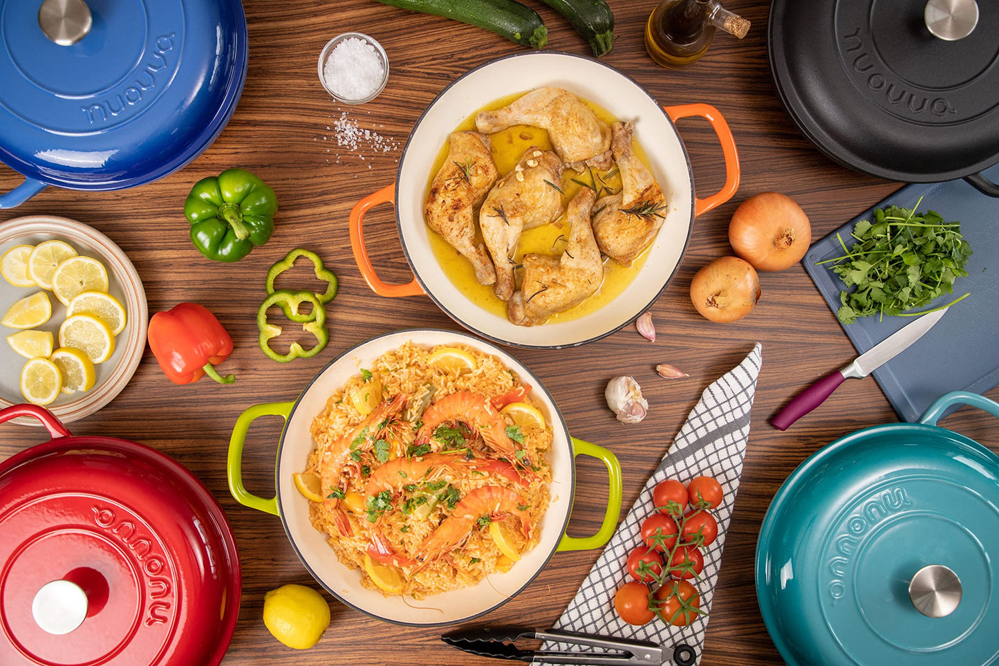 Shallow Cast Iron Casserole with Lid – Non Stick Dutch Oven Pot, Oven Safe up to 500° F – Sturdy Ovenproof Stockpot Cookware – Enamelled Cooking Pot – Black, 5-Quart, 32cm – by Nuovva