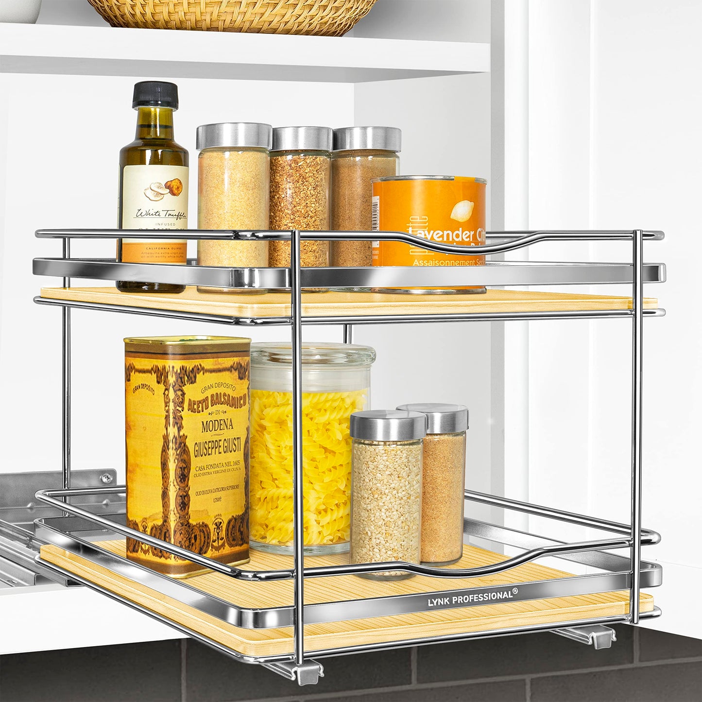 LYNK PROFESSIONAL® Pull Out Spice Rack Organizer for Inside Kitchen Cabinets - 4-3/8 inch Wide - Slide Out Drawer – Black Sliding Spice Cabinet Organization Shelf Racks - 2 Tier