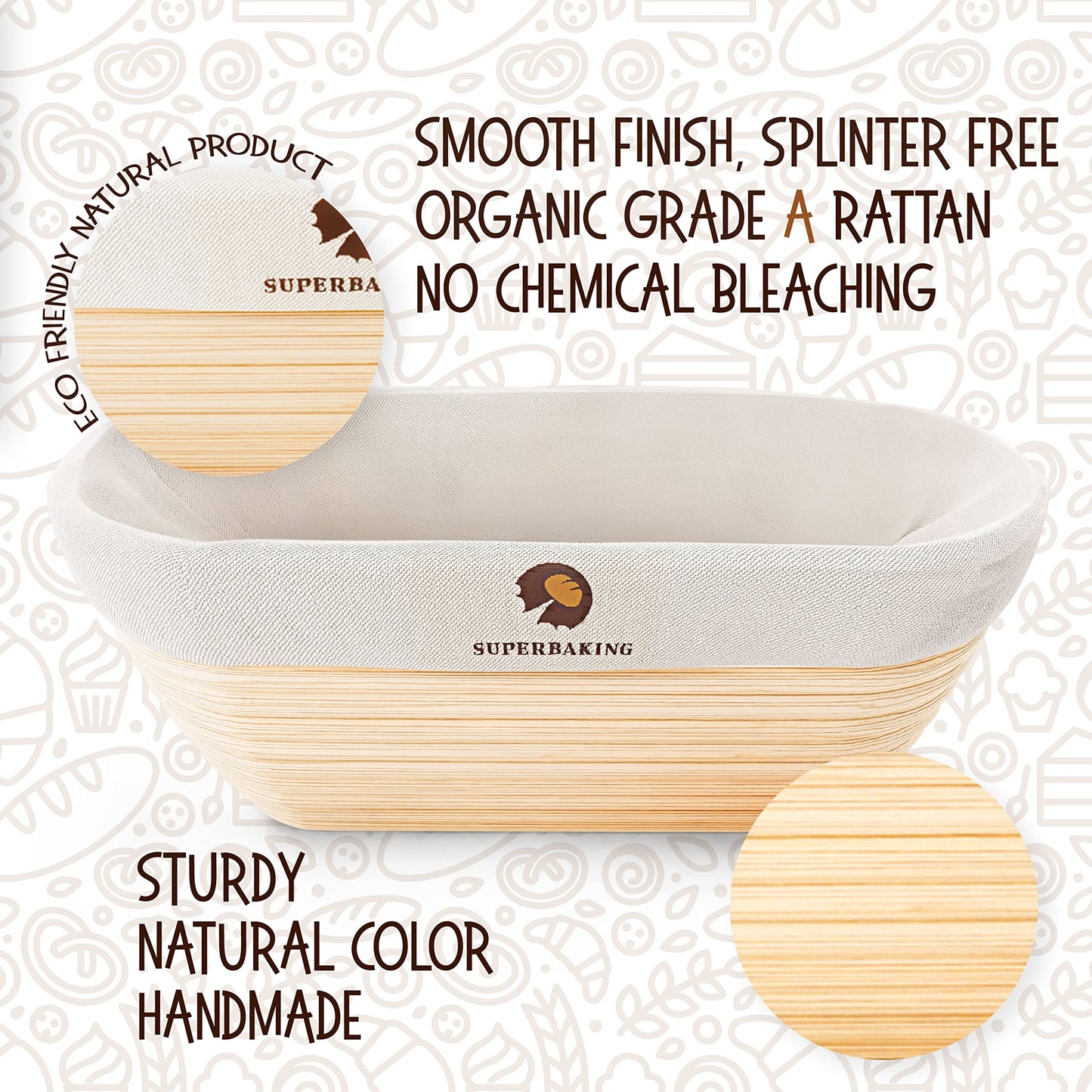 Superbaking 2 pcs Banneton Bread Proofing Basket, 9" Splinter-Free Round Rattan Bread Basket with Liners, Sourdough Starter Kit, Sourdough Bread Baking Supplies & Sourdough Kit, Bread Making Tools