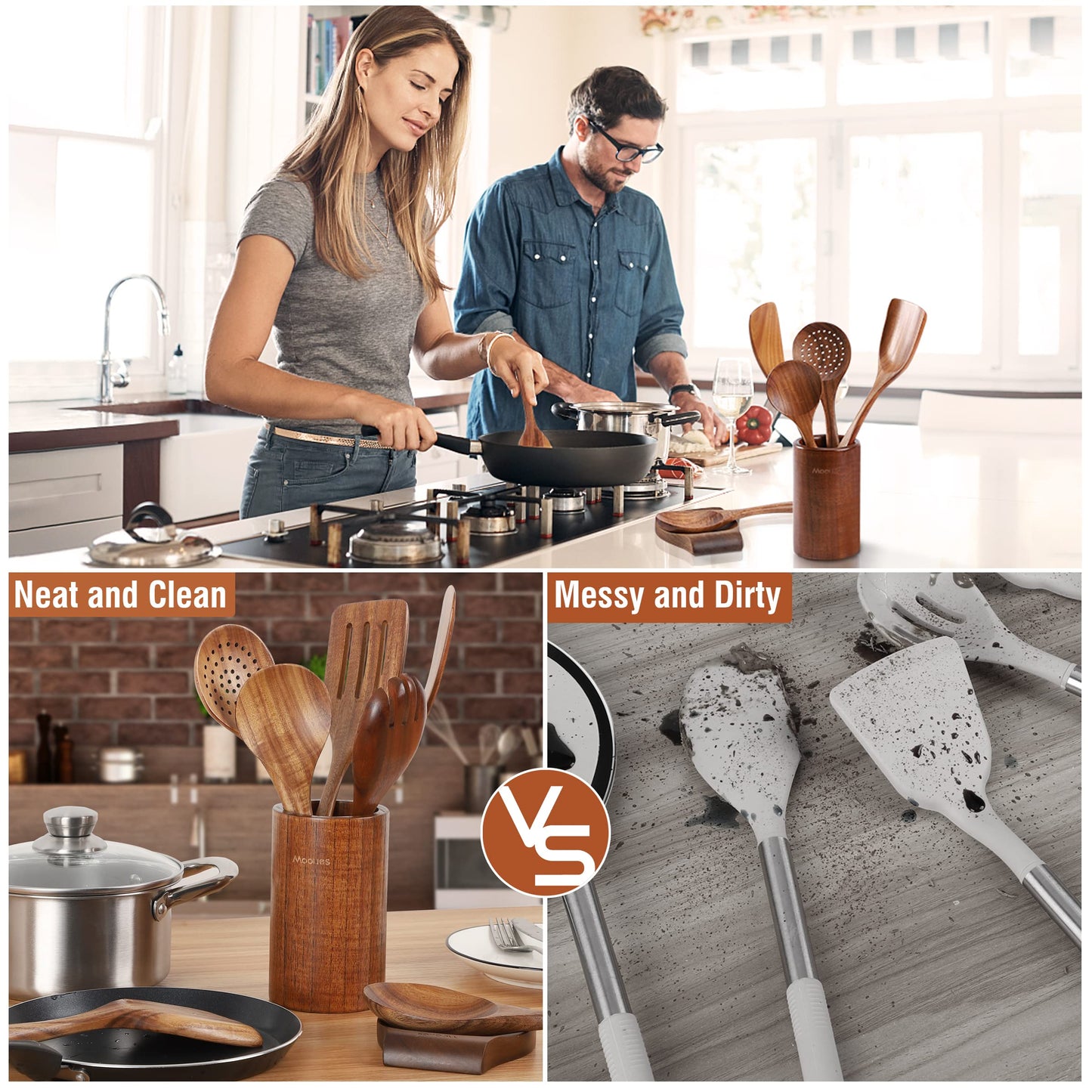 9 Piece Natural Teak Wooden Kitchen Utensil Set with Spoon Rest - Comfort Grip Cooking Spoons and Utensils Holder