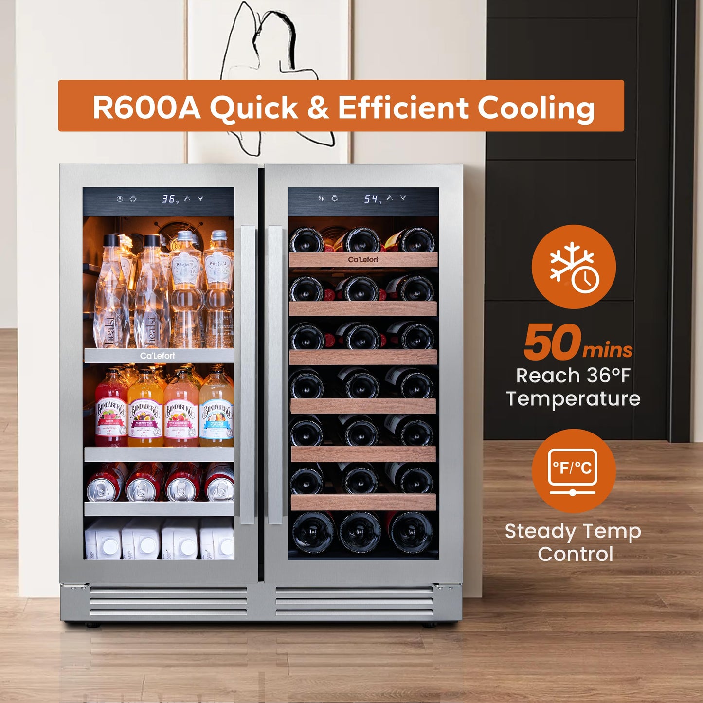 Ca'Lefort 24 Inch Wine and Beverage Refrigerator, 60 Can and 20 Bottle Wine Fridge 36-72°F, 3 LED Dual Zone Wine Cooler with Glass Door, Built-in Compressor Refrigerator for Home/Kitchen (4.10 cu.ft)