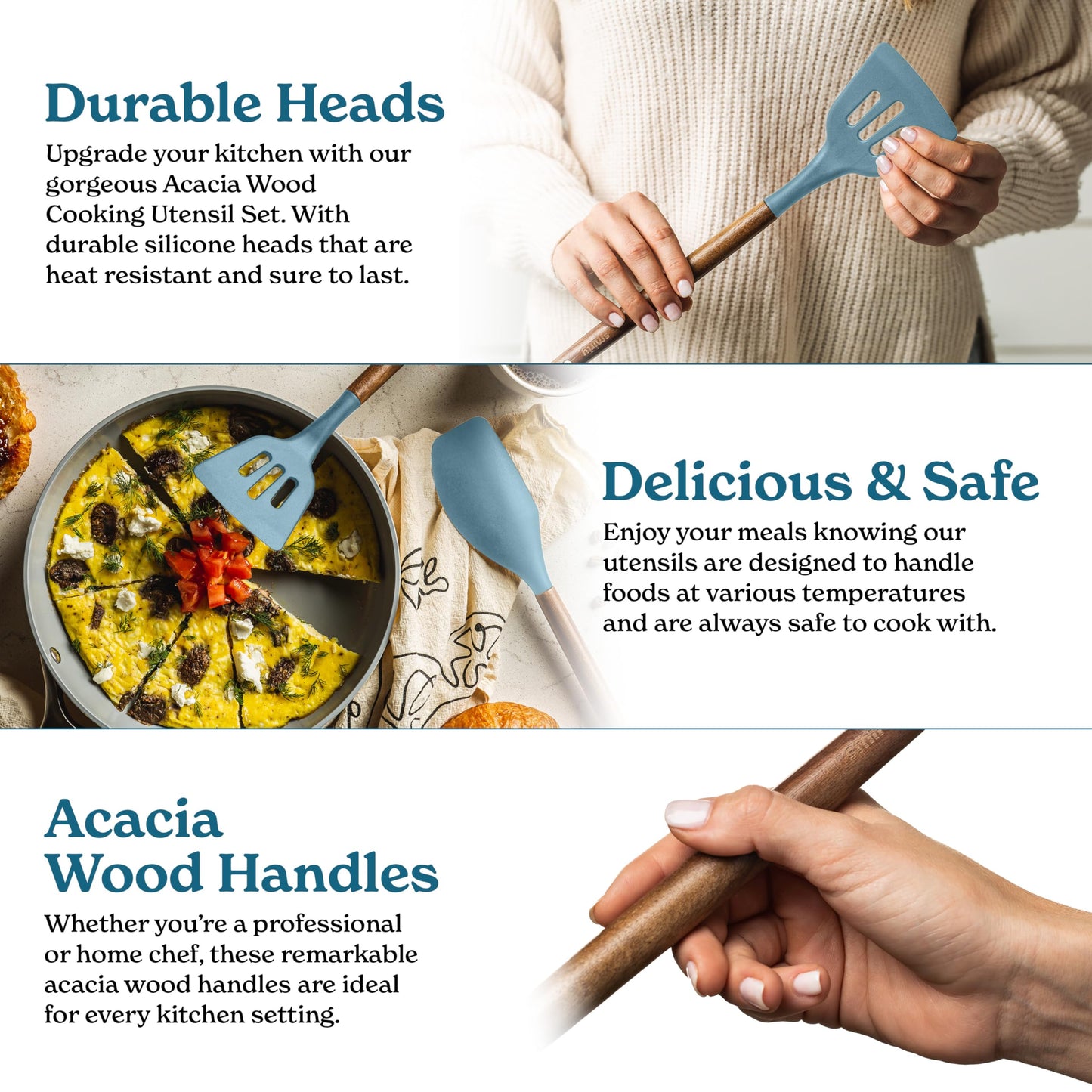 Silicone Kitchen Utensils Set & Holder: Cooking Utensils Set - Kitchen Essentials for New Home & 1st Apartment- Silicone Spatula Set, Cooking Spoons for Nonstick Cookware (Acacia Wood, Cream White)