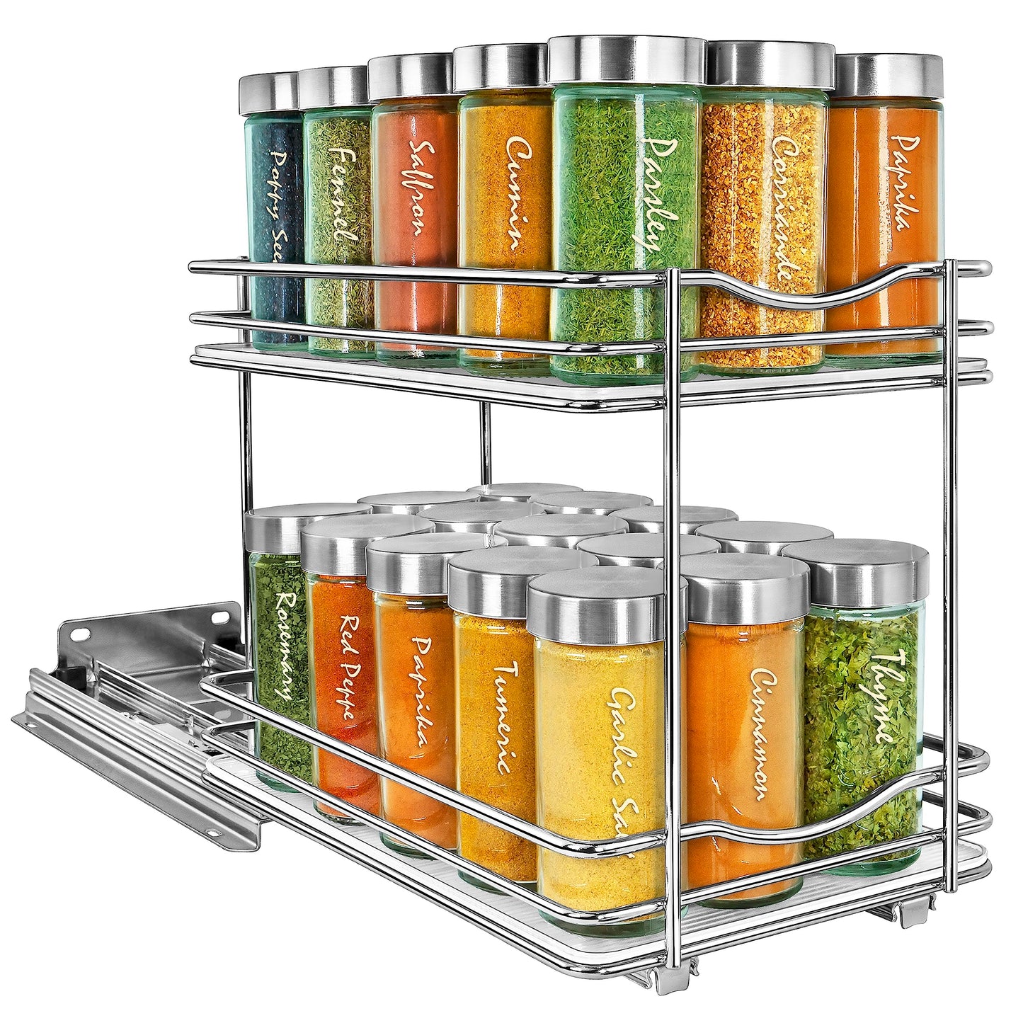 LYNK PROFESSIONAL® Pull Out Spice Rack Organizer for Inside Kitchen Cabinets - 4-3/8 inch Wide - Slide Out Drawer – Black Sliding Spice Cabinet Organization Shelf Racks - 2 Tier