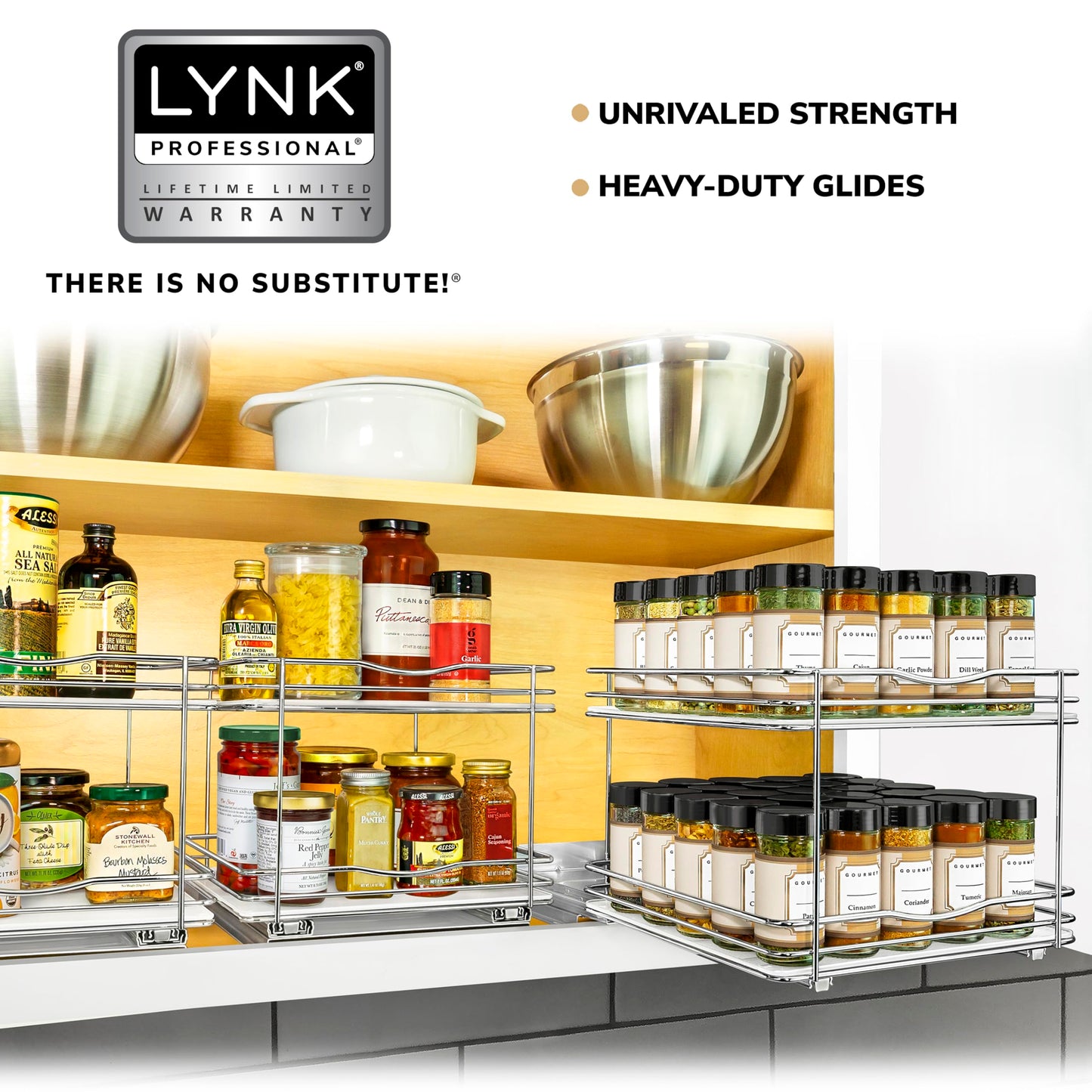 LYNK PROFESSIONAL® Pull Out Spice Rack Organizer for Inside Kitchen Cabinets - 4-3/8 inch Wide - Slide Out Drawer – Black Sliding Spice Cabinet Organization Shelf Racks - 2 Tier