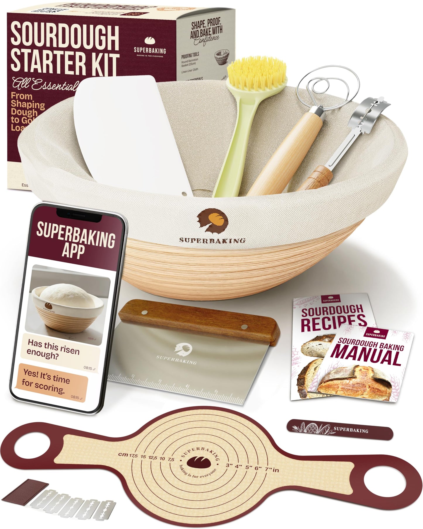 Superbaking 2 pcs Banneton Bread Proofing Basket, 9" Splinter-Free Round Rattan Bread Basket with Liners, Sourdough Starter Kit, Sourdough Bread Baking Supplies & Sourdough Kit, Bread Making Tools