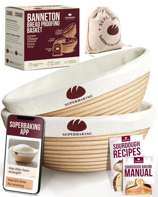 Superbaking 2 pcs Banneton Bread Proofing Basket, 9" Splinter-Free Round Rattan Bread Basket with Liners, Sourdough Starter Kit, Sourdough Bread Baking Supplies & Sourdough Kit, Bread Making Tools