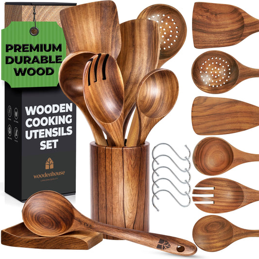 Wooden Utensil Set 8 Pcs – Sturdy & Easy to Clean, Natural Teak Wooden Spoons for Cooking – Non-Scratch Cooking Utensils with Spatula, Turner, Ladle, Spoons, Holder, Spoon Rest, 6 Hooks Kitchen Gifts
