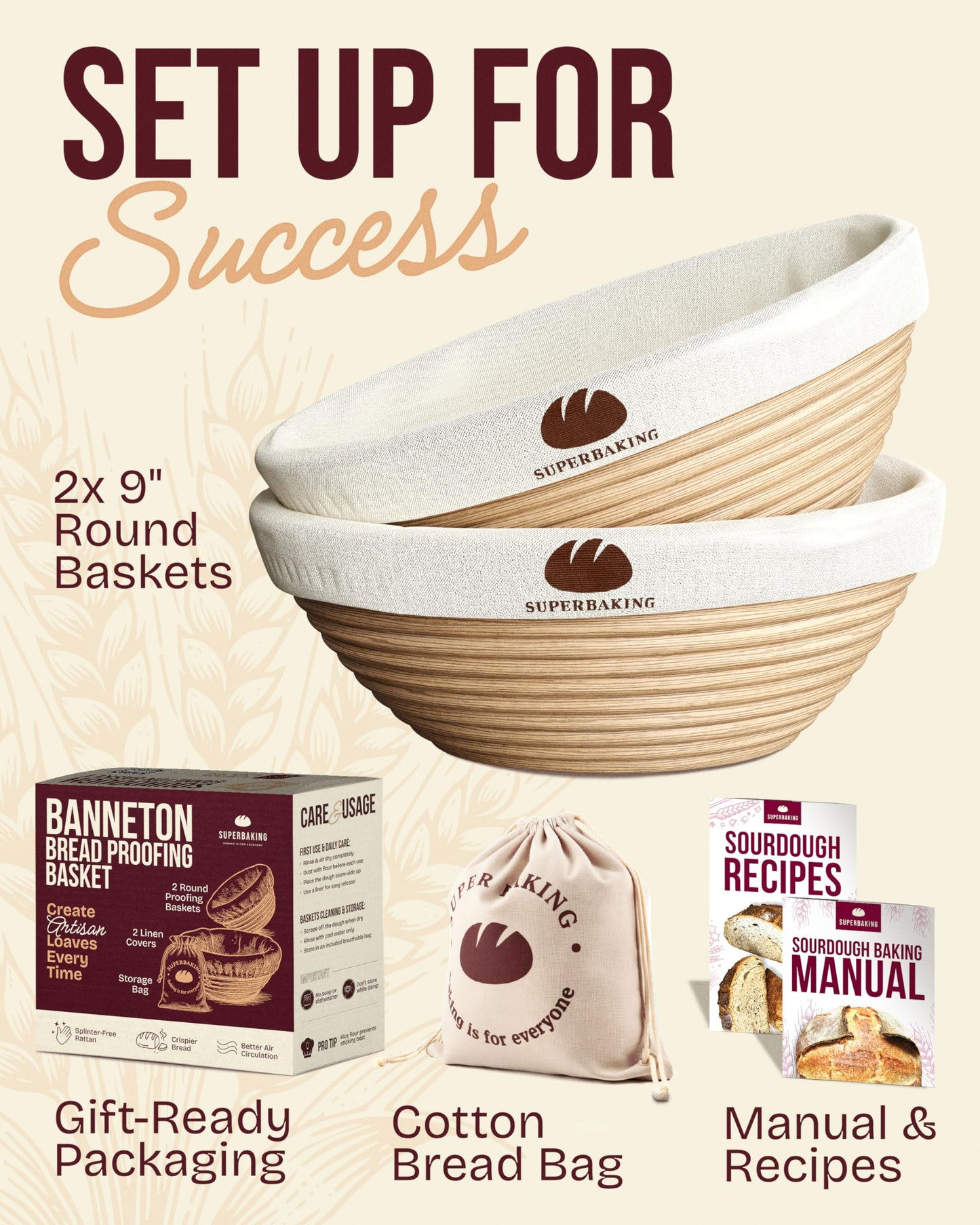Superbaking 2 pcs Banneton Bread Proofing Basket, 9" Splinter-Free Round Rattan Bread Basket with Liners, Sourdough Starter Kit, Sourdough Bread Baking Supplies & Sourdough Kit, Bread Making Tools