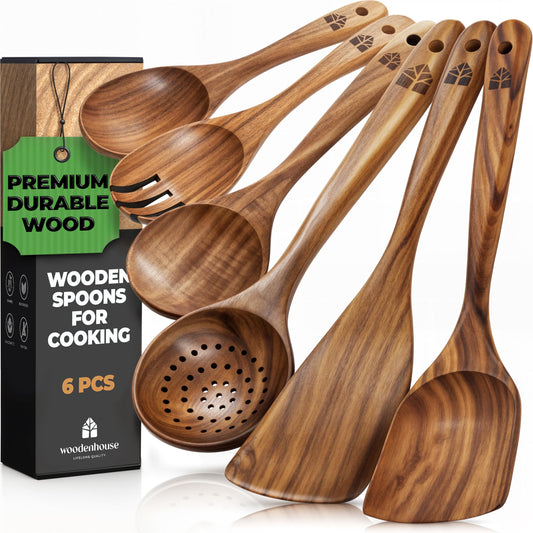 Wooden Spoons for Cooking – 10 Pc Teak Wood Utensil Set, Durable, Nonstick Safe & Heat Resistant with Ergonomic Handles - Unique Kitchen Gifts for Women Men, Cooking Gifts for Men Women
