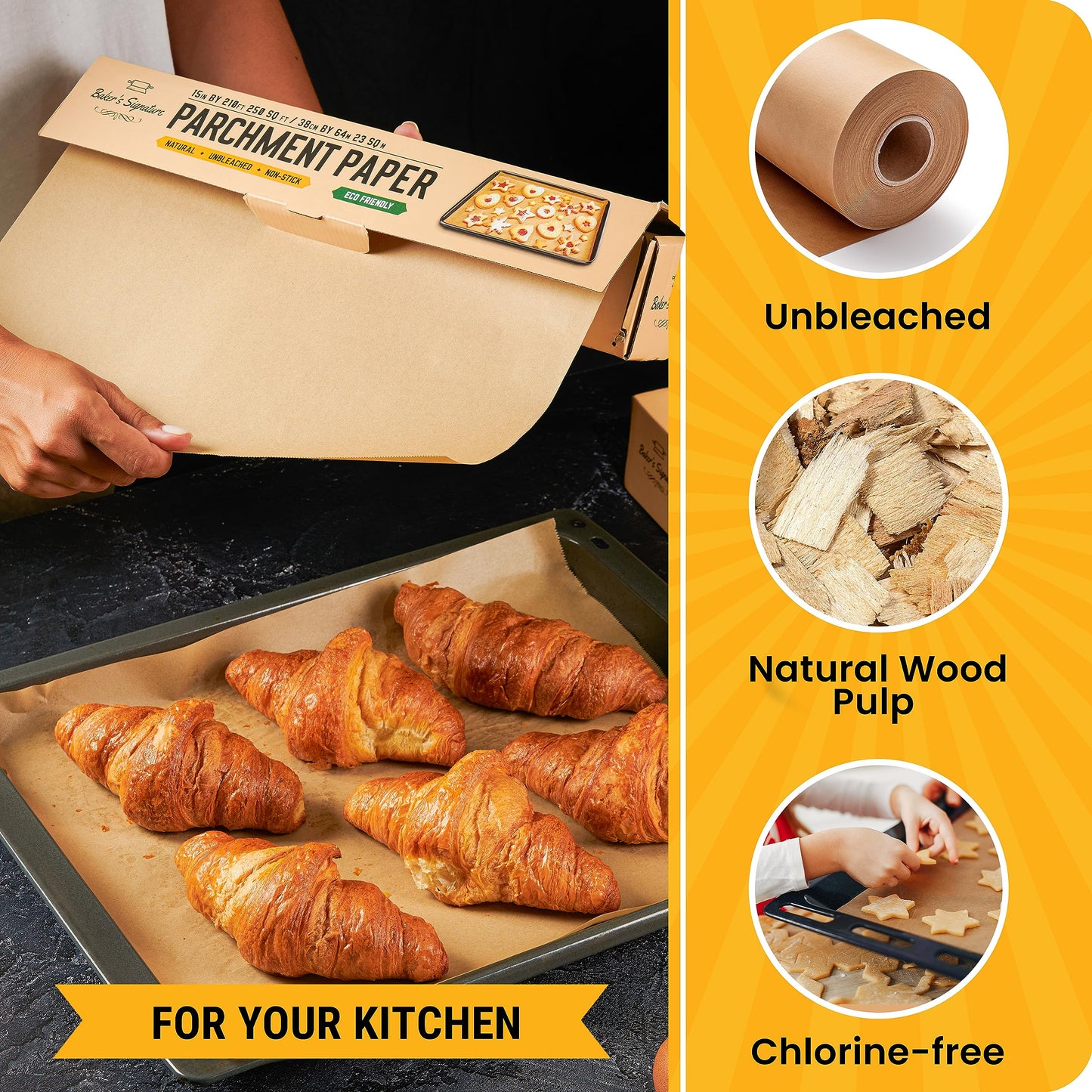 Unbleached Parchment Paper for Baking – 2-Pack 520 Sq.Ft Total - 15 in x 210 ft Baking Paper Roll with Cutter, Non-Stick Brown Parchment for Baking, Cooking, Grilling, Steaming by Baker’s Signature