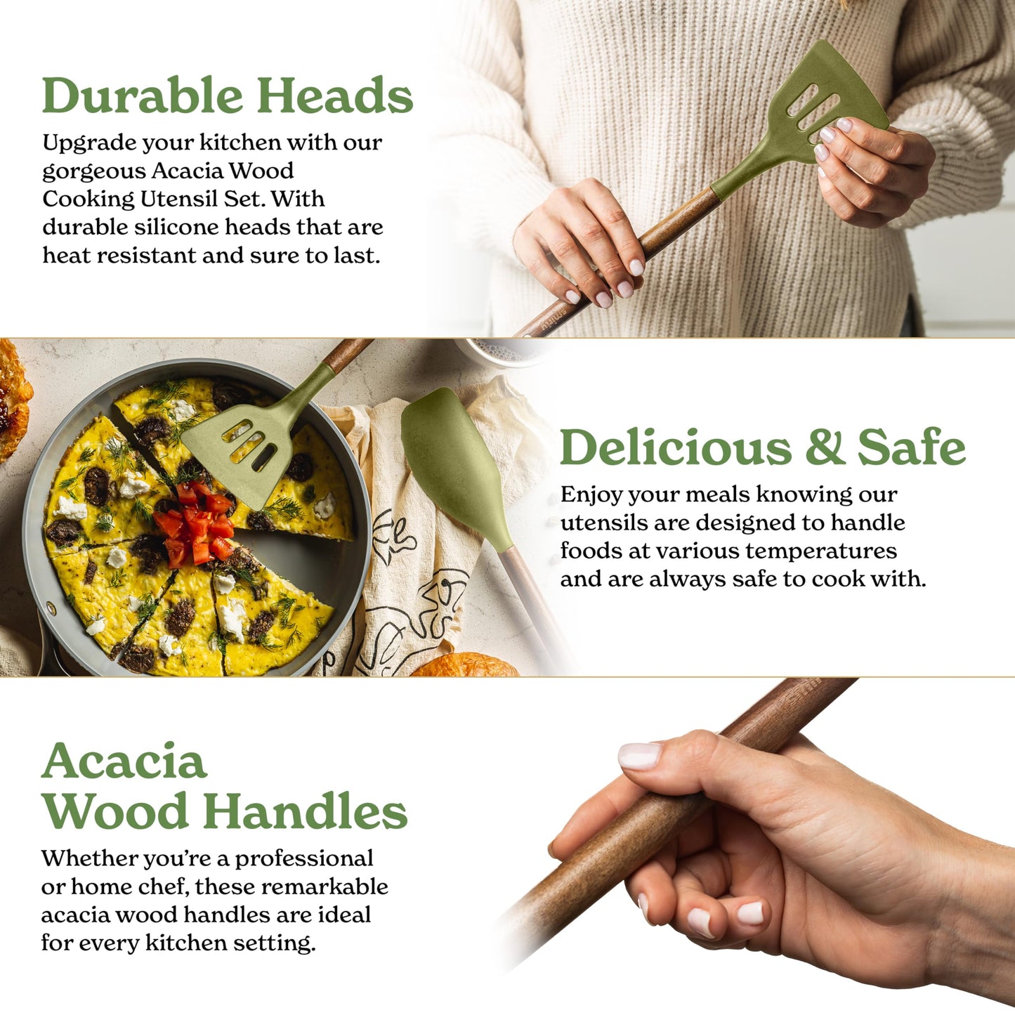 Silicone Kitchen Utensils Set & Holder: Cooking Utensils Set - Kitchen Essentials for New Home & 1st Apartment- Silicone Spatula Set, Cooking Spoons for Nonstick Cookware (Acacia Wood, Cream White)