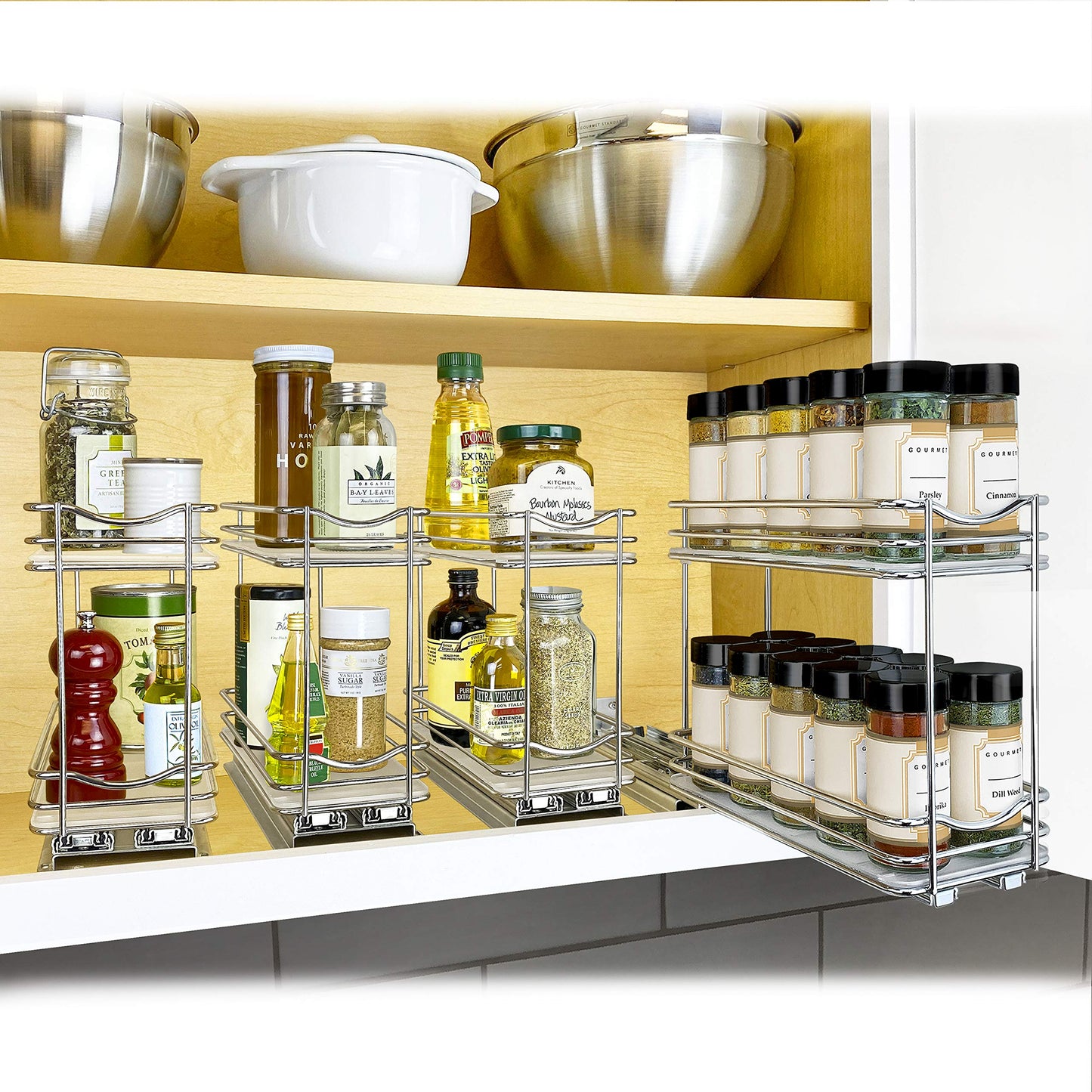 LYNK PROFESSIONAL® Pull Out Spice Rack Organizer for Inside Kitchen Cabinets - 4-3/8 inch Wide - Slide Out Drawer – Black Sliding Spice Cabinet Organization Shelf Racks - 2 Tier