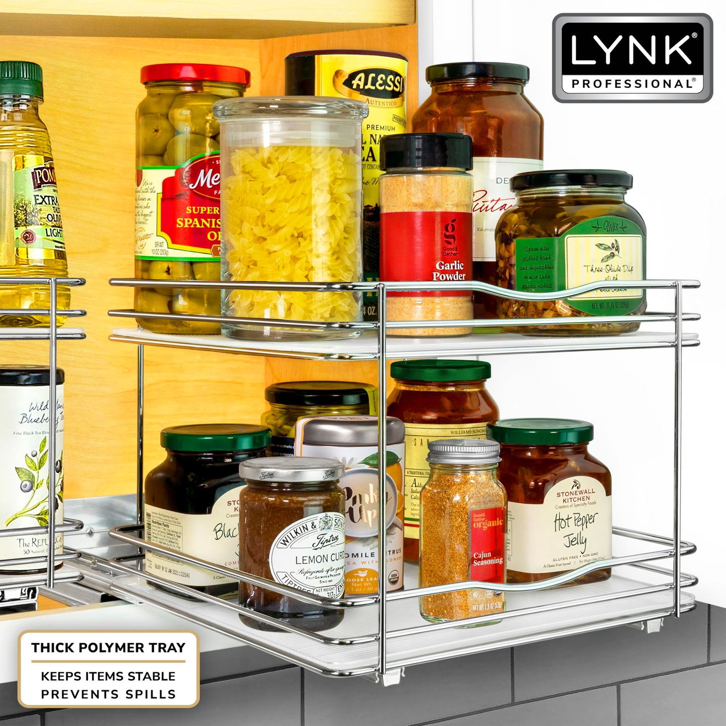 LYNK PROFESSIONAL® Pull Out Spice Rack Organizer for Inside Kitchen Cabinets - 4-3/8 inch Wide - Slide Out Drawer – Black Sliding Spice Cabinet Organization Shelf Racks - 2 Tier