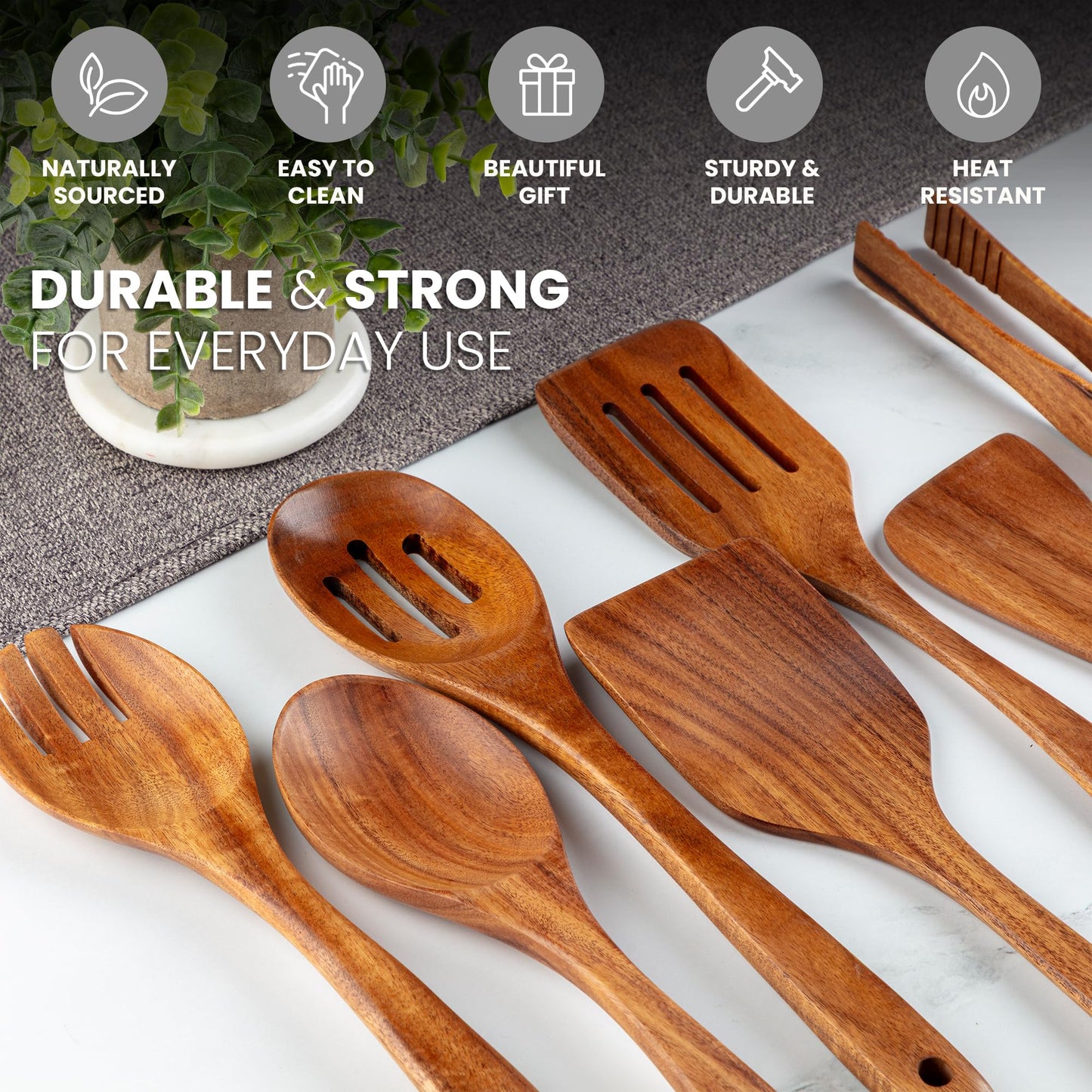 Zulay Kitchen 9.4" Teak Wooden Cooking Spoon – Durable, Non-Stick Wooden Utensil for Cooking, Stirring, Mixing & Serving – Heat-Resistant, Smooth Finish Kitchen Spoon for Nonstick Cookware