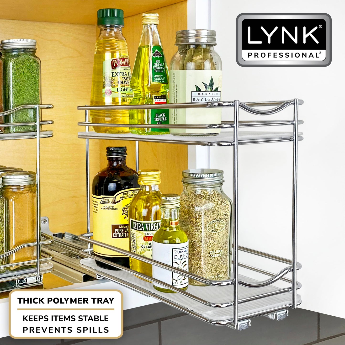 LYNK PROFESSIONAL® Pull Out Spice Rack Organizer for Inside Kitchen Cabinets - 4-3/8 inch Wide - Slide Out Drawer – Black Sliding Spice Cabinet Organization Shelf Racks - 2 Tier