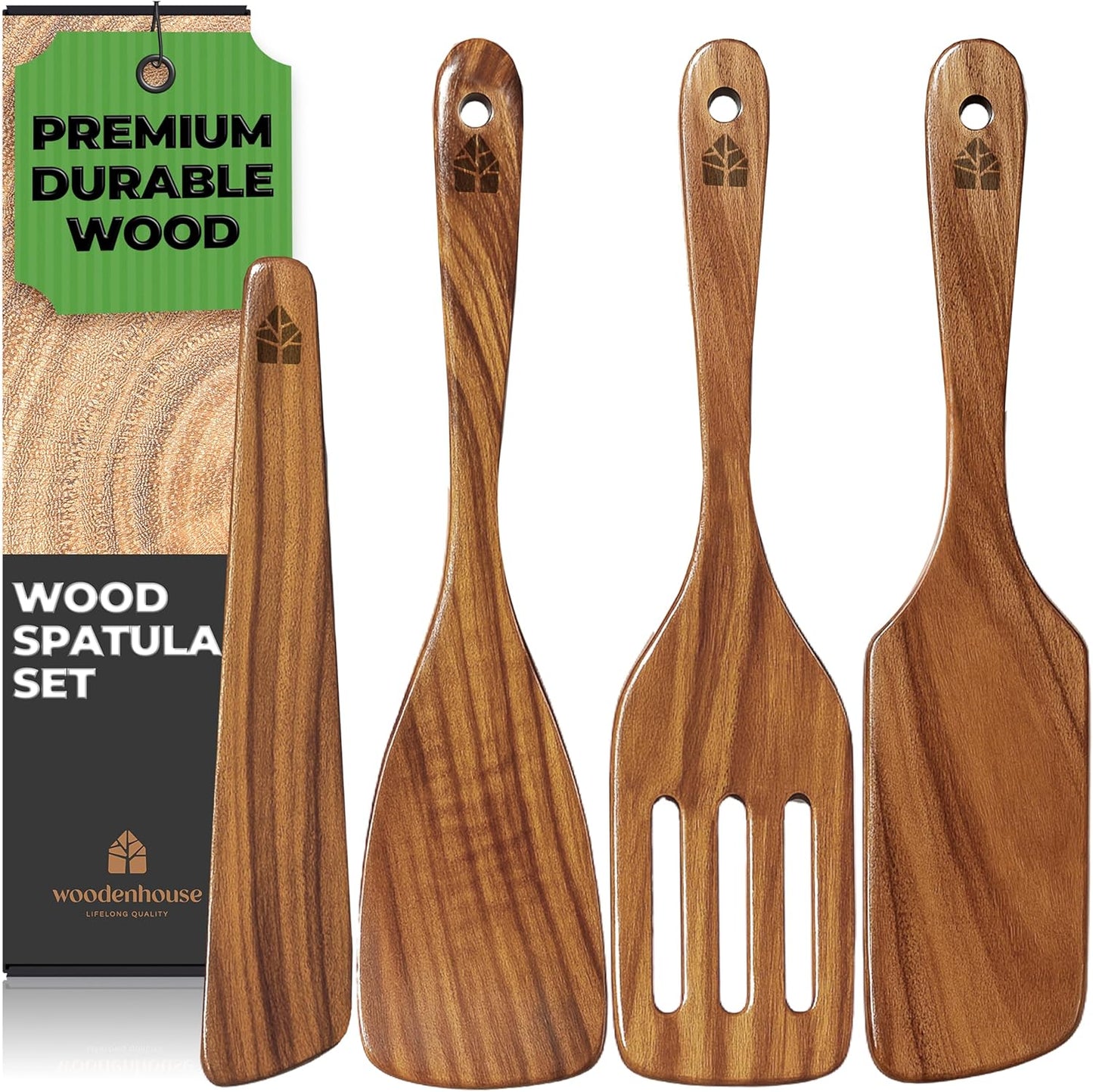 Wooden Spatula for Cooking, Teak Spatulas for Kitchen Use - Wooden Cooking Utensils Set of 4 including Paddle, Turner, Slotted Spurtle and Wood Scraper. Nonstick cookware, Kitchen Gifts for Women Men