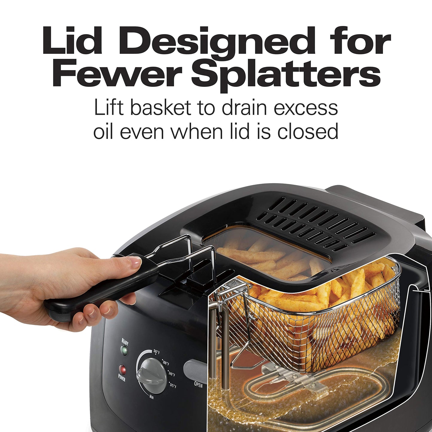 Hamilton Beach Cool Touch Electric Deep Fryer with Basket and Lid, 2 Liters / 8 Cups Oil Capacity, Adjustable Temperature, 1500 Watts for Fast Heat-up, viewing Window Easy to Clean, Black (35021)