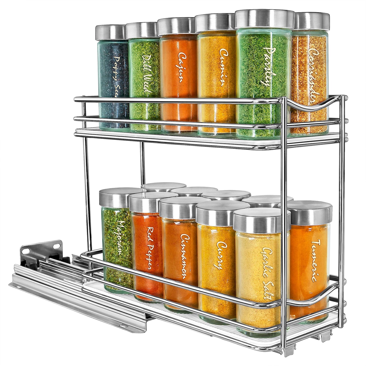 LYNK PROFESSIONAL® Pull Out Spice Rack Organizer for Inside Kitchen Cabinets - 4-3/8 inch Wide - Slide Out Drawer – Black Sliding Spice Cabinet Organization Shelf Racks - 2 Tier