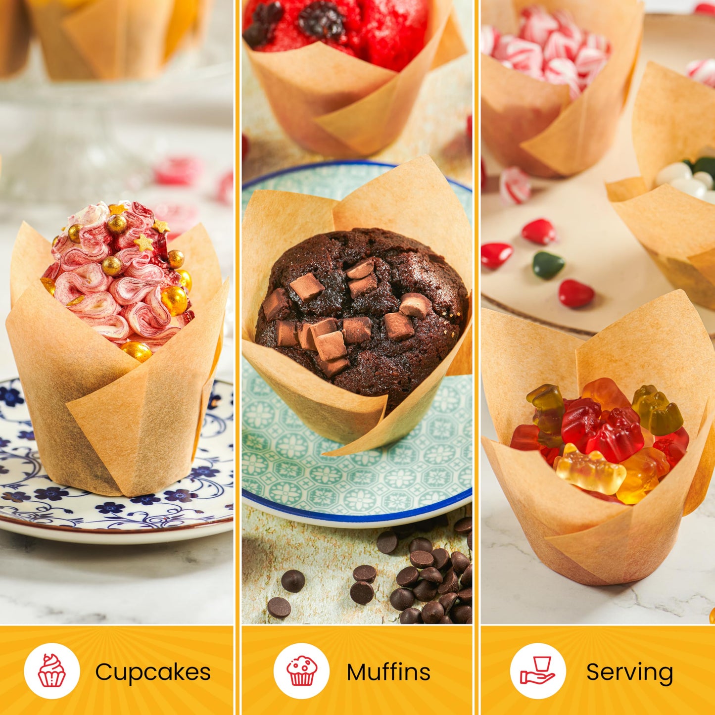 Tulip Cupcake Liners, Muffin Liners for Baking by Baker’s Signature – 200pcs of Parchment Paper Cups Cupcake Wrappers – Perfect Size, Sturdy, Greaseproof & Easy to Use – Colorful