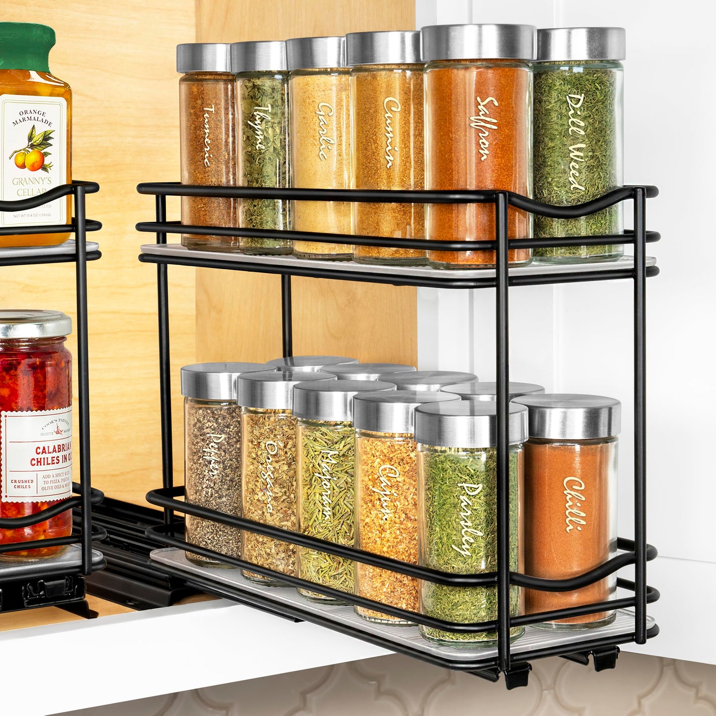 LYNK PROFESSIONAL® Pull Out Spice Rack Organizer for Inside Kitchen Cabinets - 4-3/8 inch Wide - Slide Out Drawer – Black Sliding Spice Cabinet Organization Shelf Racks - 2 Tier