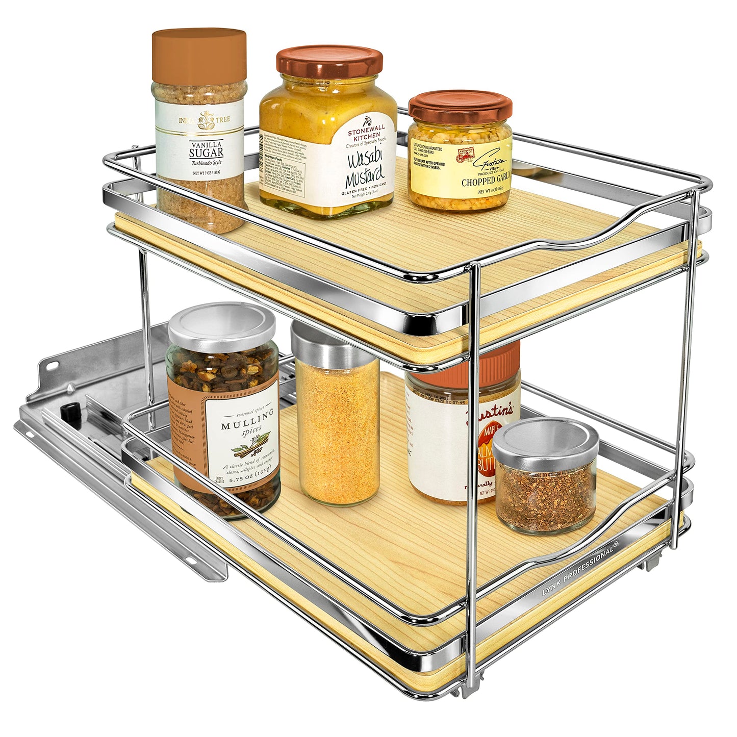 LYNK PROFESSIONAL® Pull Out Spice Rack Organizer for Inside Kitchen Cabinets - 4-3/8 inch Wide - Slide Out Drawer – Black Sliding Spice Cabinet Organization Shelf Racks - 2 Tier