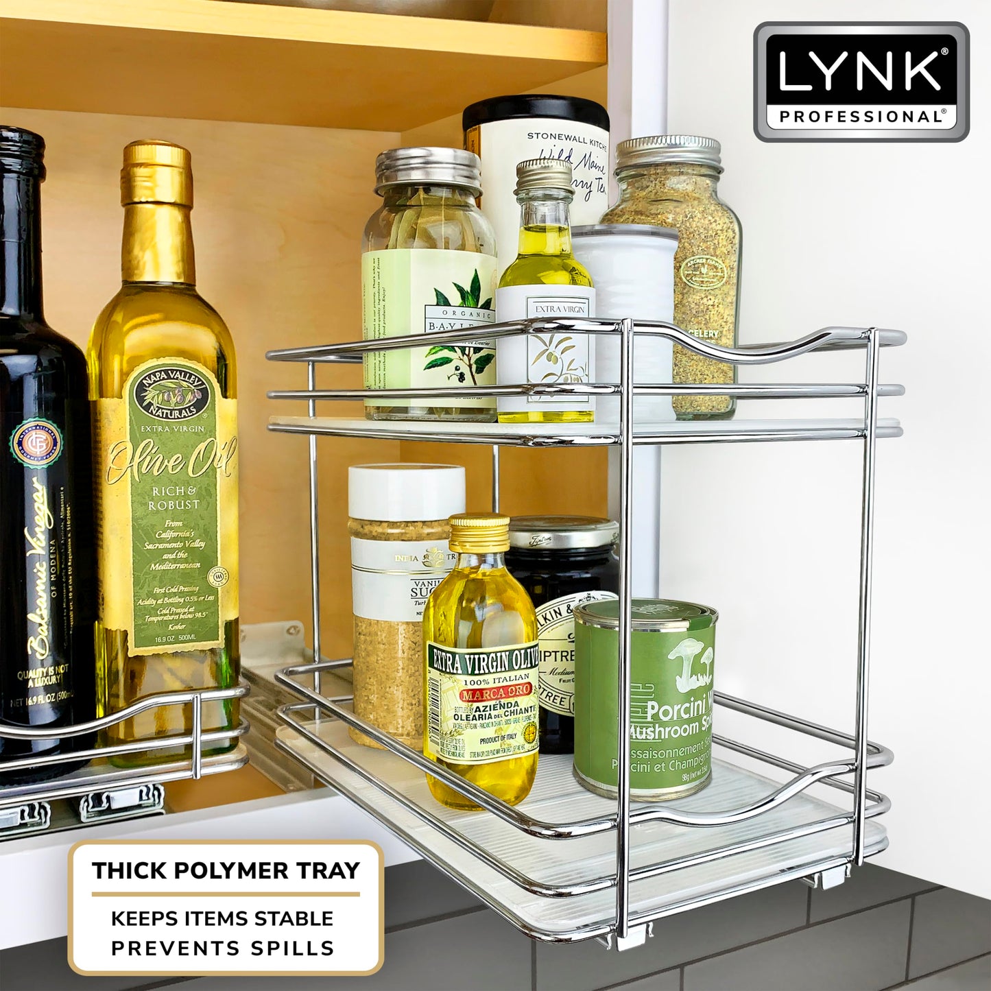 LYNK PROFESSIONAL® Pull Out Spice Rack Organizer for Inside Kitchen Cabinets - 4-3/8 inch Wide - Slide Out Drawer – Black Sliding Spice Cabinet Organization Shelf Racks - 2 Tier
