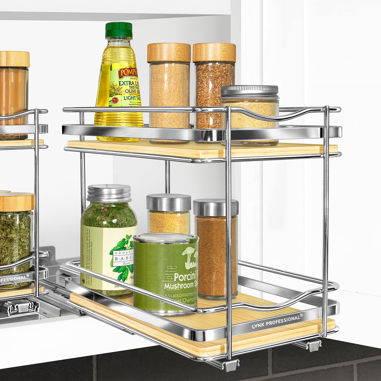 LYNK PROFESSIONAL® Pull Out Spice Rack Organizer for Inside Kitchen Cabinets - 4-3/8 inch Wide - Slide Out Drawer – Black Sliding Spice Cabinet Organization Shelf Racks - 2 Tier