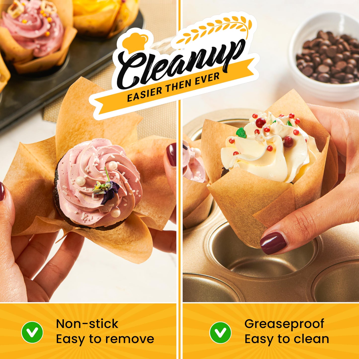 Tulip Cupcake Liners, Muffin Liners for Baking by Baker’s Signature – 200pcs of Parchment Paper Cups Cupcake Wrappers – Perfect Size, Sturdy, Greaseproof & Easy to Use – Colorful