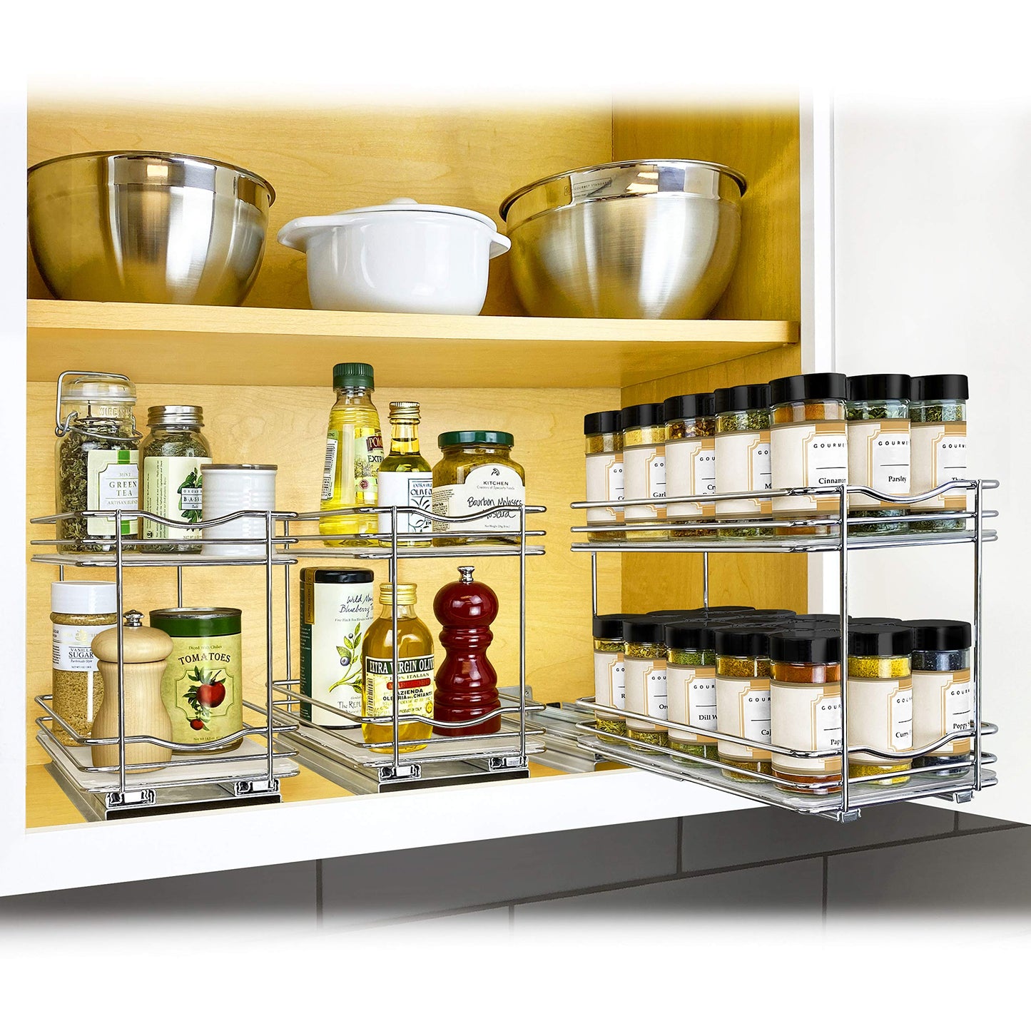 LYNK PROFESSIONAL® Pull Out Spice Rack Organizer for Inside Kitchen Cabinets - 4-3/8 inch Wide - Slide Out Drawer – Black Sliding Spice Cabinet Organization Shelf Racks - 2 Tier