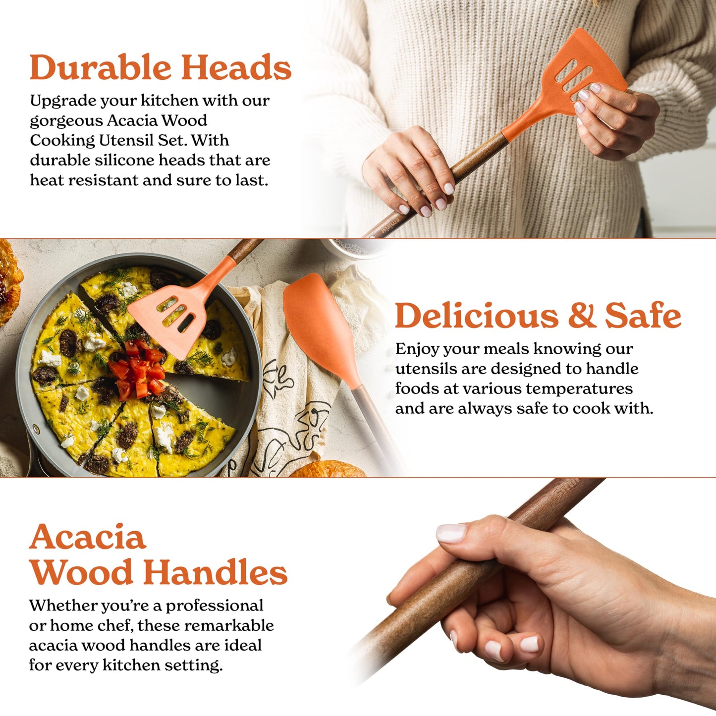 Silicone Kitchen Utensils Set & Holder: Cooking Utensils Set - Kitchen Essentials for New Home & 1st Apartment- Silicone Spatula Set, Cooking Spoons for Nonstick Cookware (Acacia Wood, Cream White)