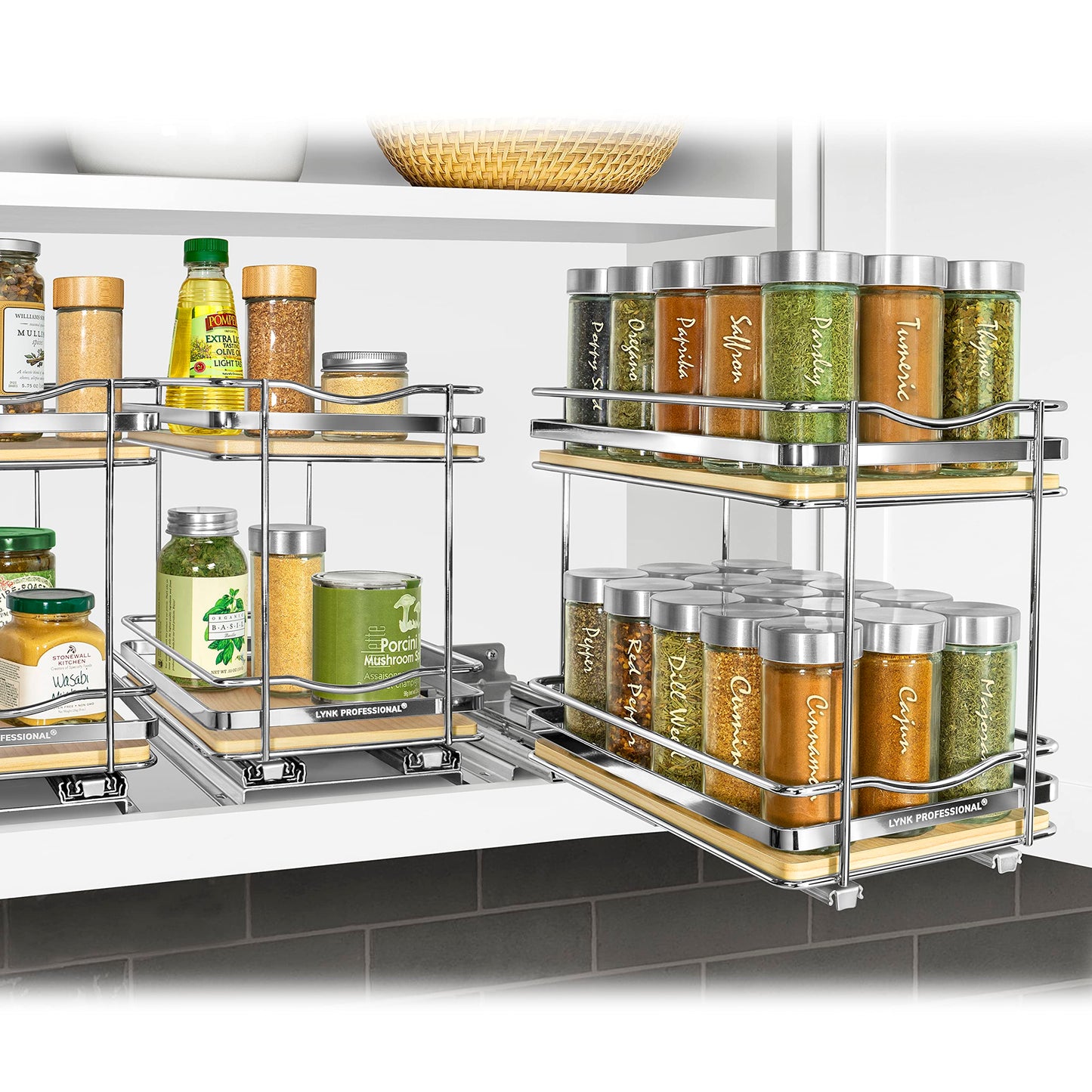LYNK PROFESSIONAL® Pull Out Spice Rack Organizer for Inside Kitchen Cabinets - 4-3/8 inch Wide - Slide Out Drawer – Black Sliding Spice Cabinet Organization Shelf Racks - 2 Tier