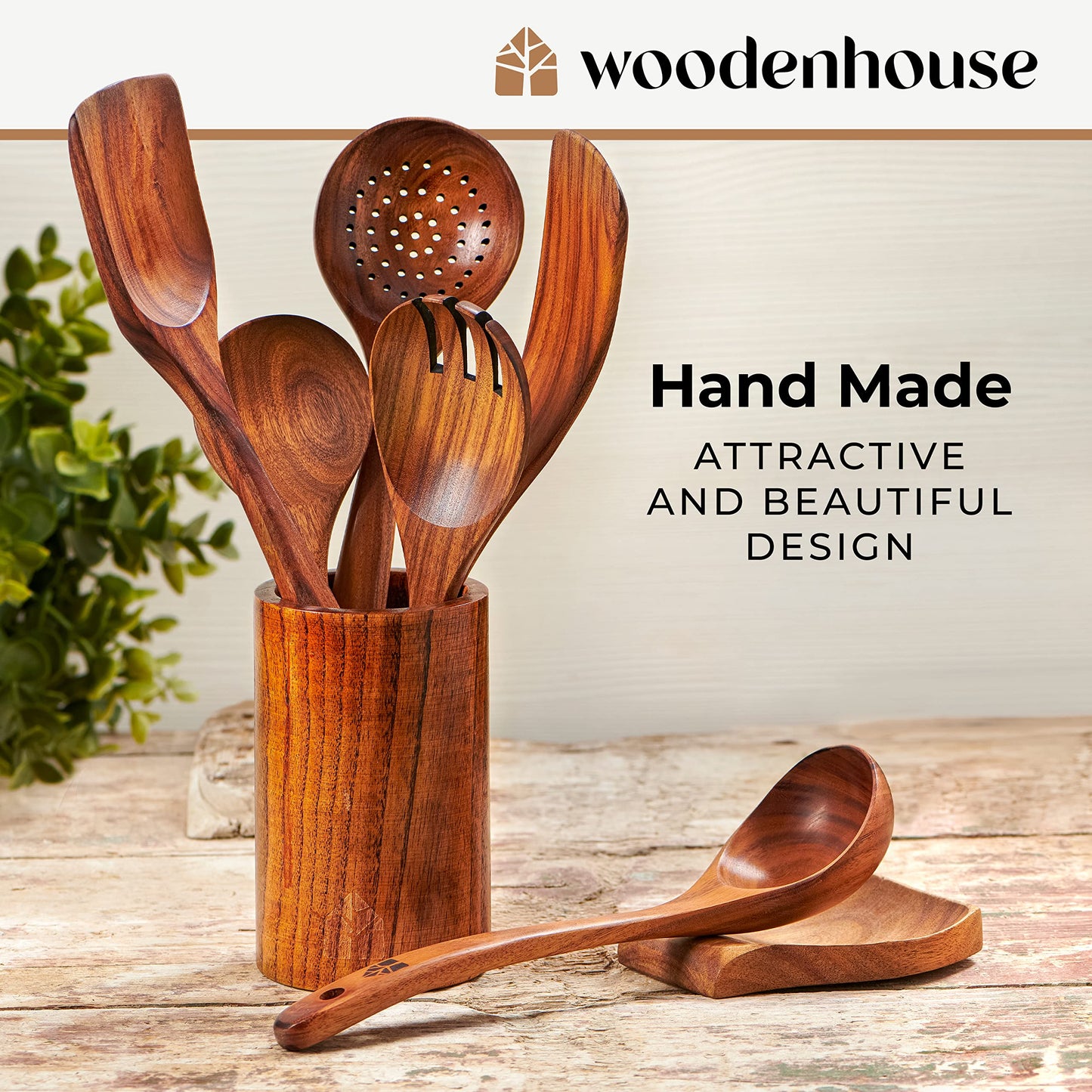 Wooden Utensil Set 8 Pcs – Sturdy & Easy to Clean, Natural Teak Wooden Spoons for Cooking – Non-Scratch Cooking Utensils with Spatula, Turner, Ladle, Spoons, Holder, Spoon Rest, 6 Hooks Kitchen Gifts