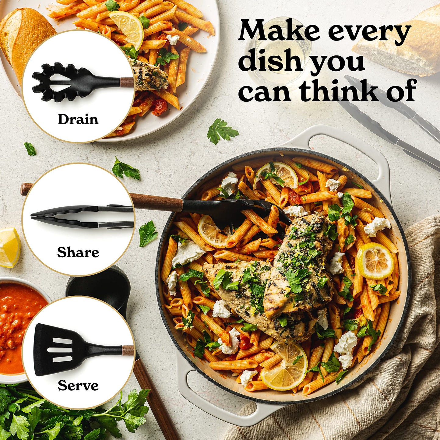 Silicone Kitchen Utensils Set & Holder: Cooking Utensils Set - Kitchen Essentials for New Home & 1st Apartment- Silicone Spatula Set, Cooking Spoons for Nonstick Cookware (Acacia Wood, Cream White)