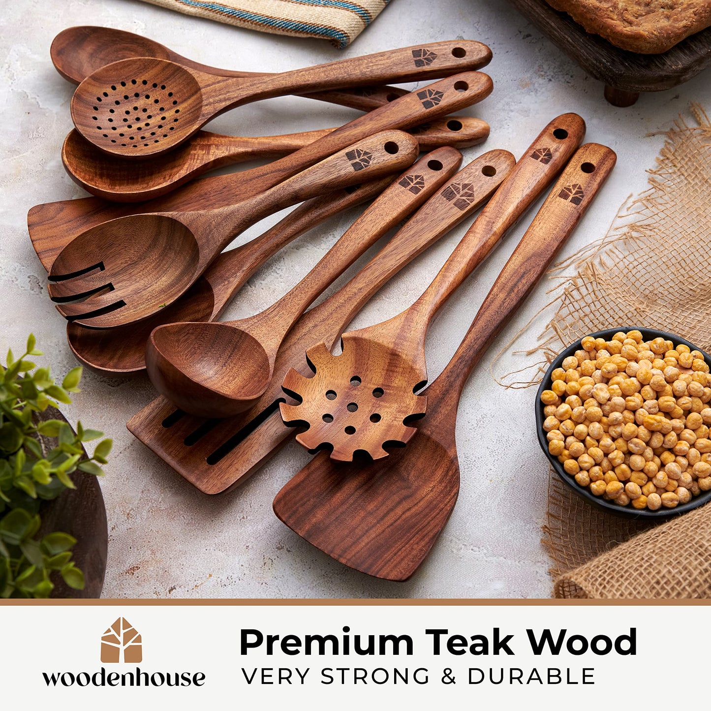 Wooden Spoons for Cooking – 10 Pc Teak Wood Utensil Set, Durable, Nonstick Safe & Heat Resistant with Ergonomic Handles - Unique Kitchen Gifts for Women Men, Cooking Gifts for Men Women