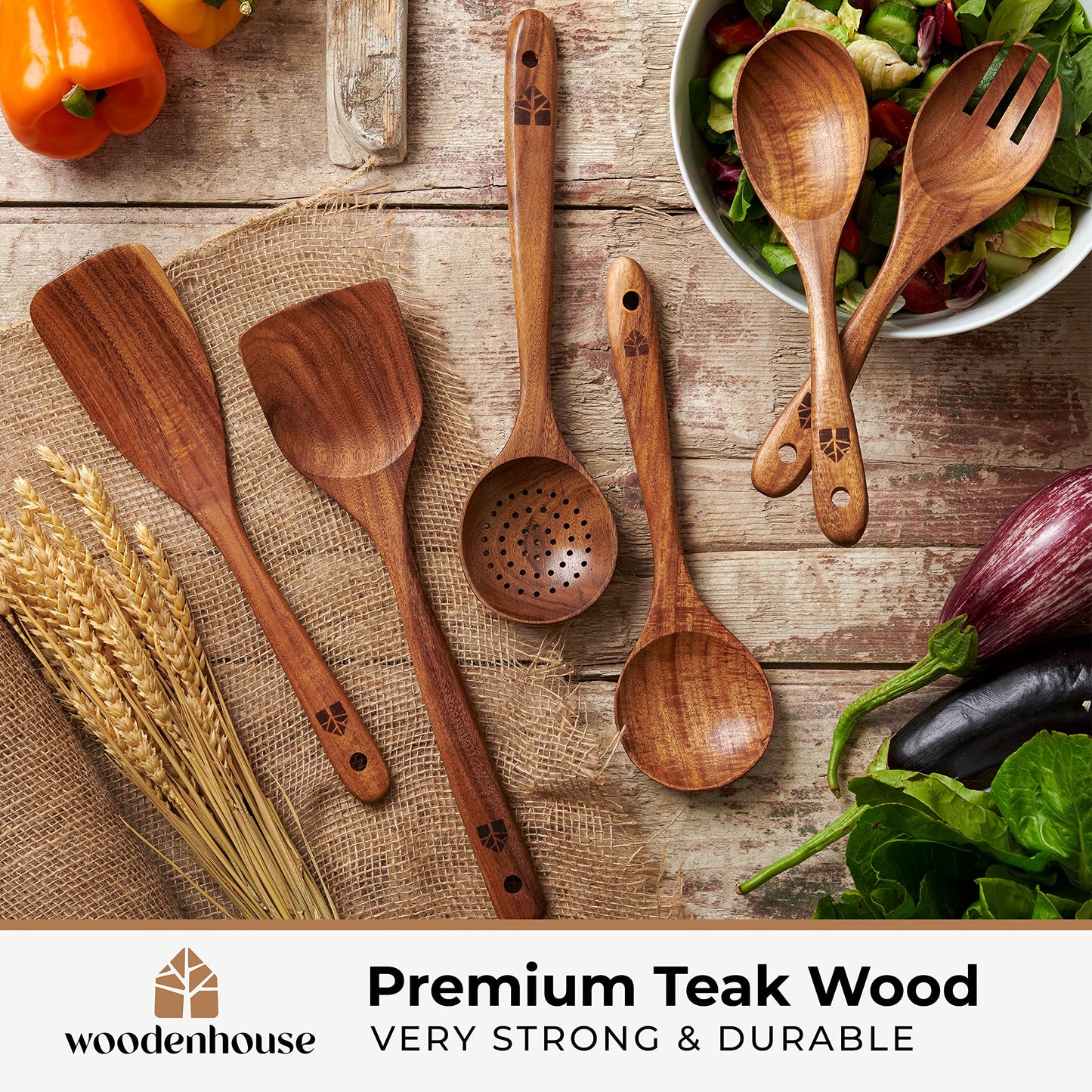 Wooden Spoons for Cooking – 10 Pc Teak Wood Utensil Set, Durable, Nonstick Safe & Heat Resistant with Ergonomic Handles - Unique Kitchen Gifts for Women Men, Cooking Gifts for Men Women
