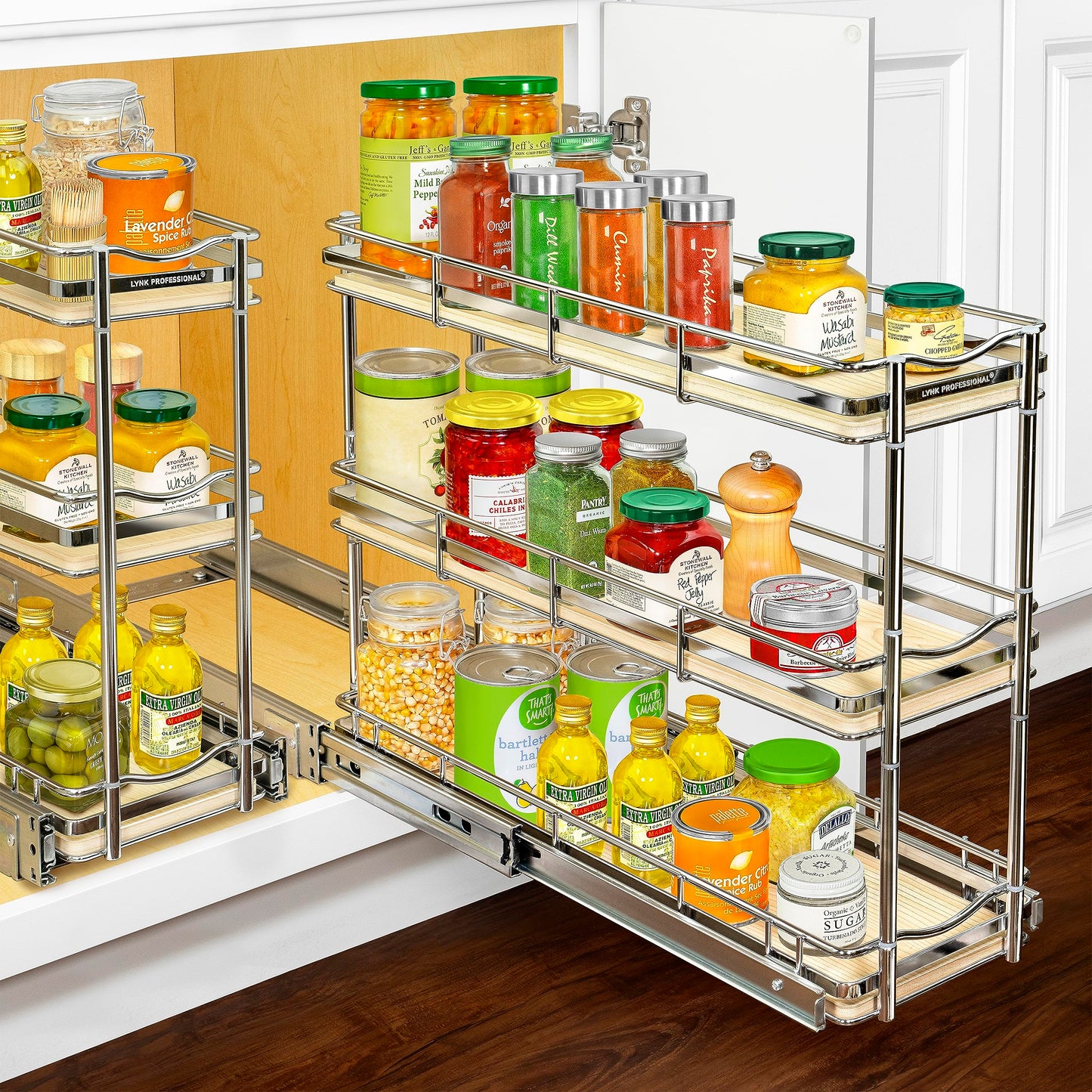 LYNK PROFESSIONAL® Pull Out Spice Rack Organizer for Inside Kitchen Cabinets - 4-3/8 inch Wide - Slide Out Drawer – Black Sliding Spice Cabinet Organization Shelf Racks - 2 Tier