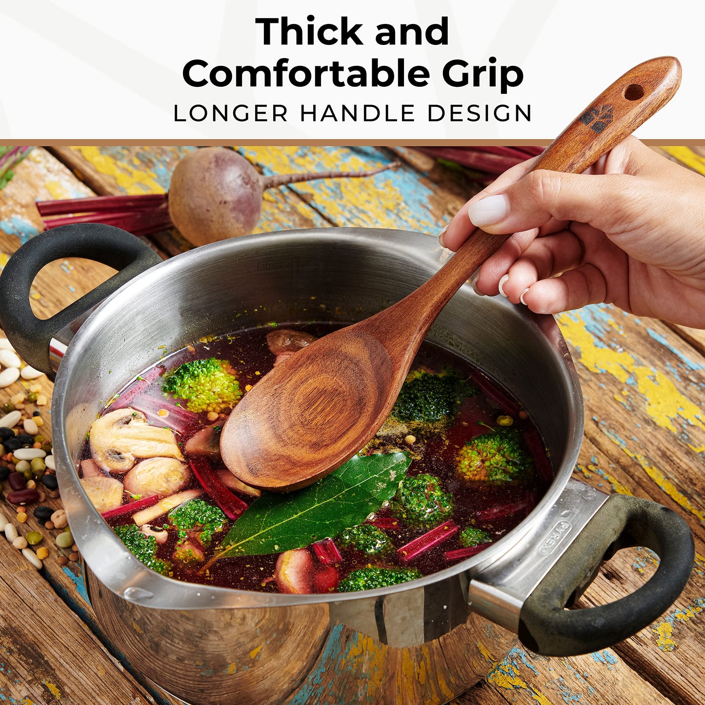 Wooden Spoons for Cooking – 10 Pc Teak Wood Utensil Set, Durable, Nonstick Safe & Heat Resistant with Ergonomic Handles - Unique Kitchen Gifts for Women Men, Cooking Gifts for Men Women