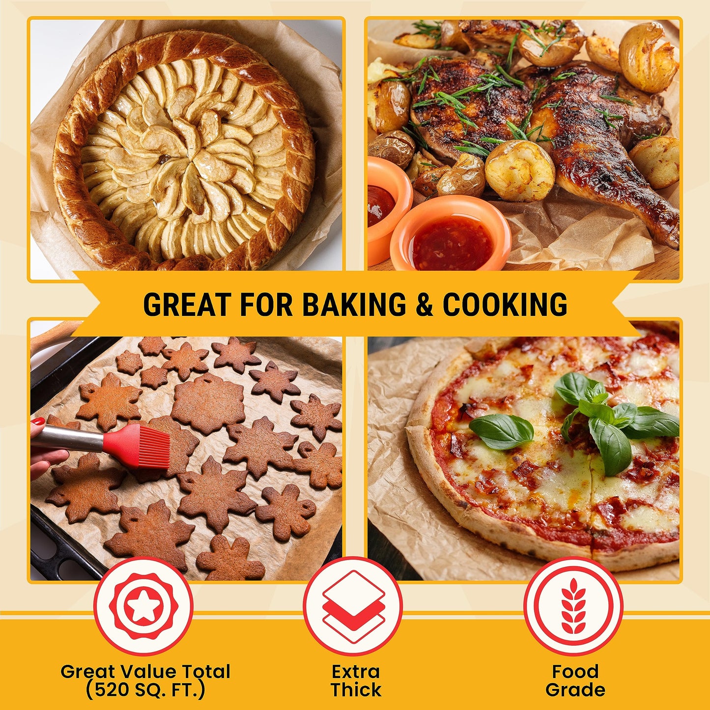 Unbleached Parchment Paper for Baking – 2-Pack 520 Sq.Ft Total - 15 in x 210 ft Baking Paper Roll with Cutter, Non-Stick Brown Parchment for Baking, Cooking, Grilling, Steaming by Baker’s Signature