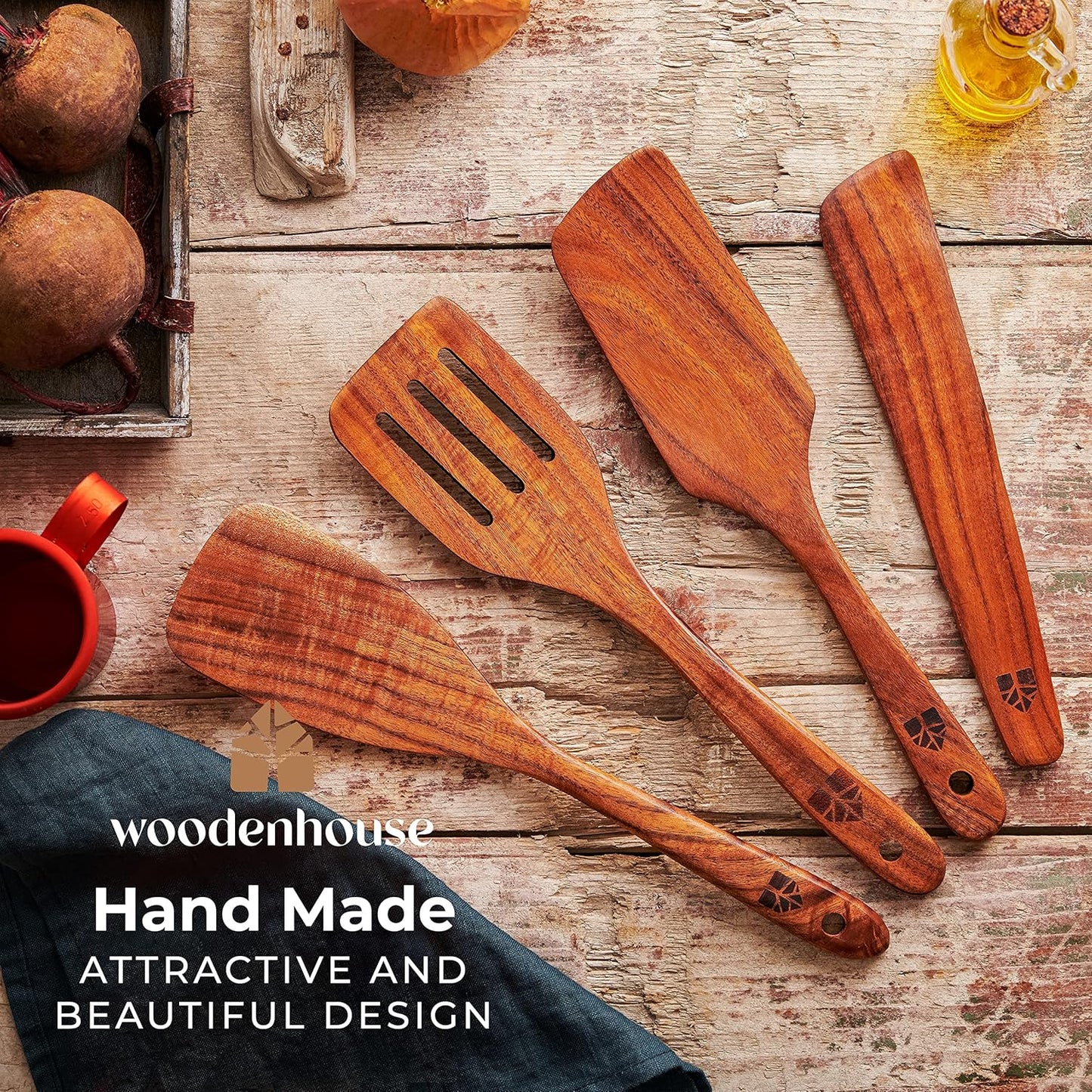 Wooden Spatula for Cooking, Teak Spatulas for Kitchen Use - Wooden Cooking Utensils Set of 4 including Paddle, Turner, Slotted Spurtle and Wood Scraper. Nonstick cookware, Kitchen Gifts for Women Men