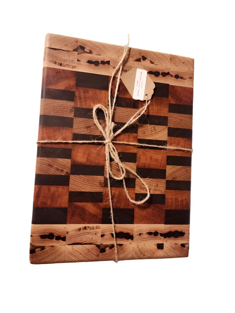 Handmade black walnut cutting board end grain butcher block made from black walnut, hickory, and tigerwood with non-slip feet, 8"x11"x2".
